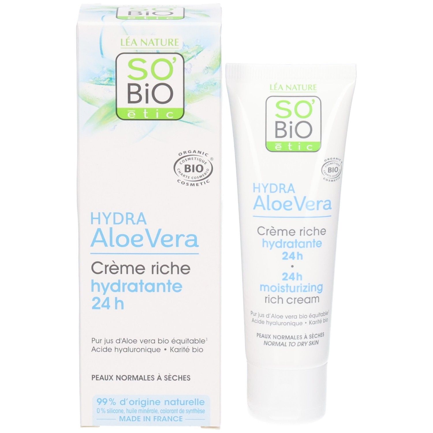 Emballage produit: boîte et tube. So Bio Etic, Hydra Aloe Vera Crème Riche Hydratante 24h. Logo bio. Peaux normales à sèches.