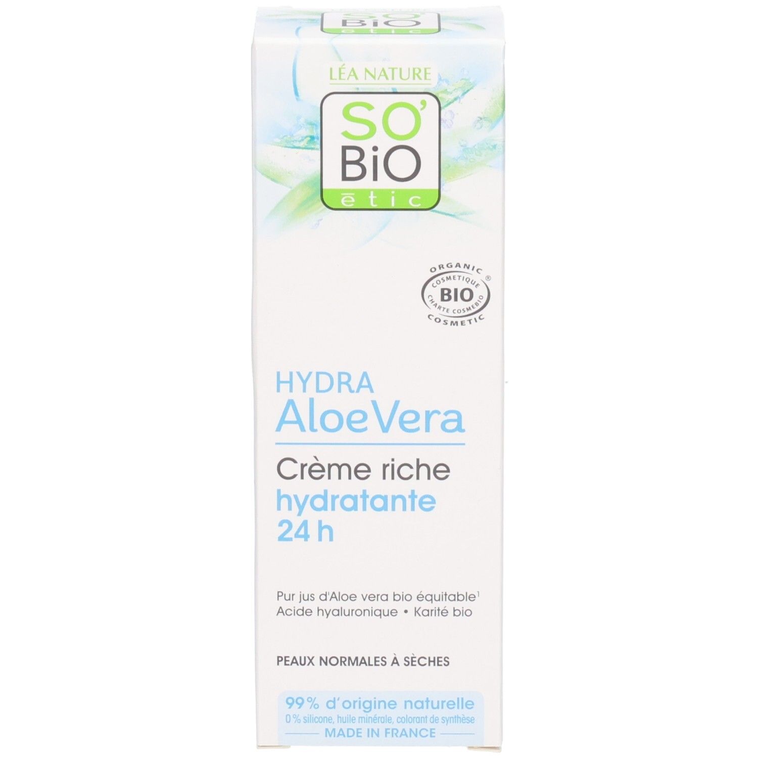 Emballage produit: boîte. So Bio Etic, Hydra Aloe Vera Crème Riche Hydratante 24h. Logo bio. Peaux normales à sèches.
