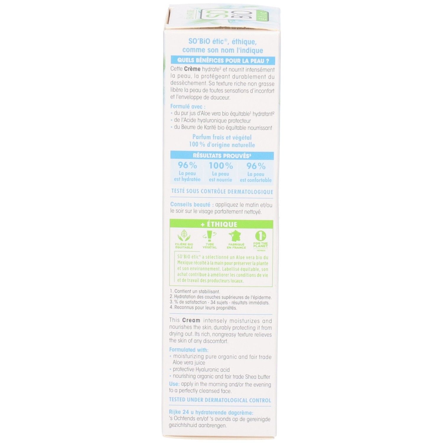 Dos de la boîte. Ingrédients, conseils d'utilisation, résultats tests, certifications. Vegan. Logo bio.