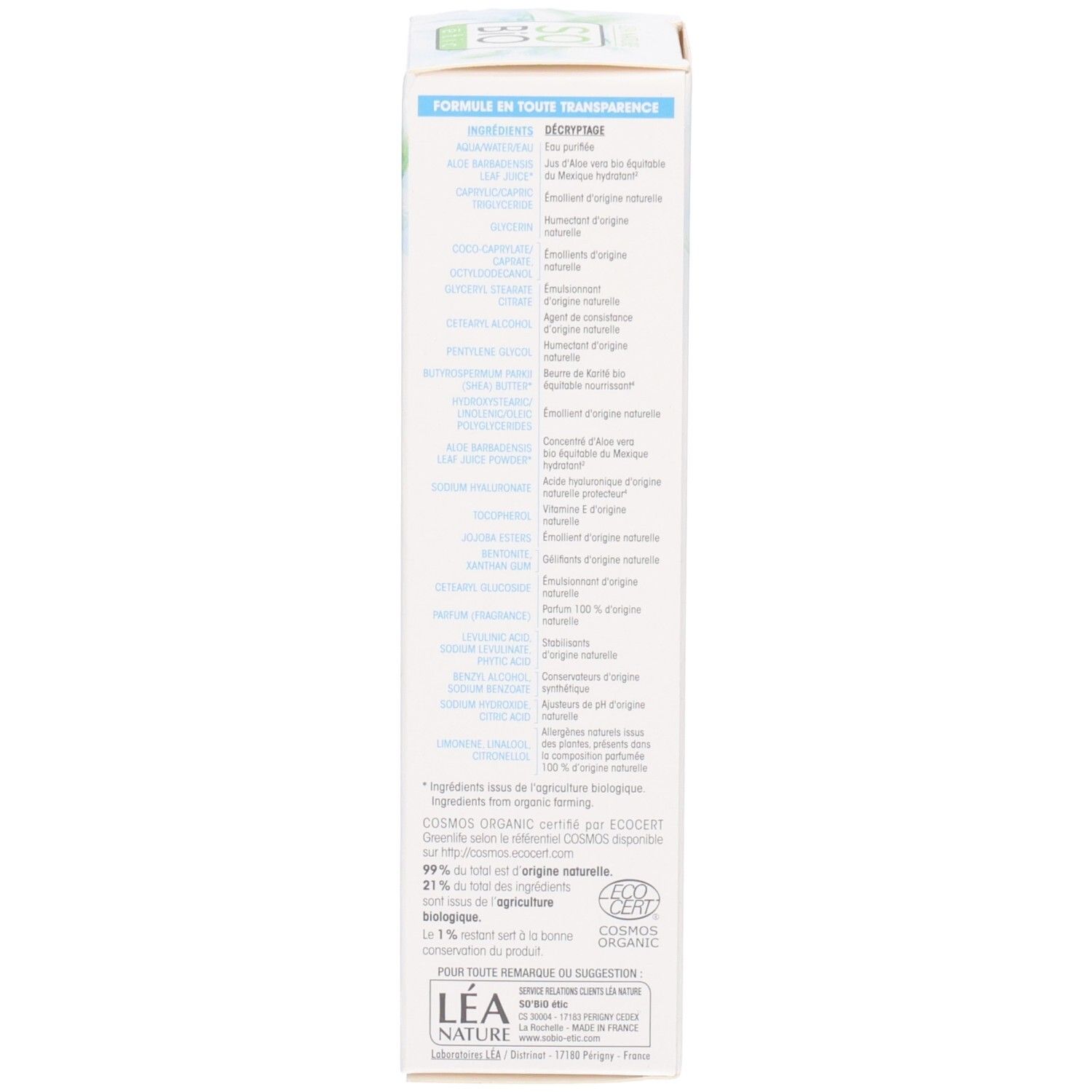 Côté de la boîte. Ingrédients, certifications. 99% d'origine naturelle. Logo bio. Fabriqué en France.