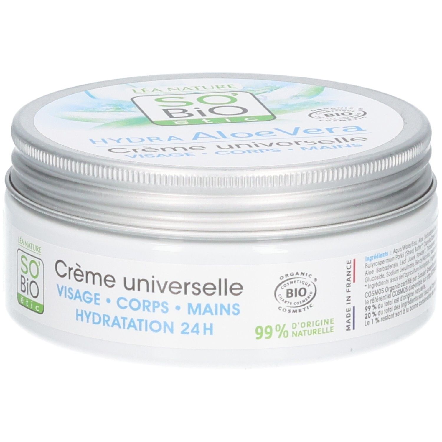 Pot de crème blanc avec couvercle argenté. Inscription: Hydra Aloe Vera, Crème universelle, Visage, Corps, Mains. Certification bio.