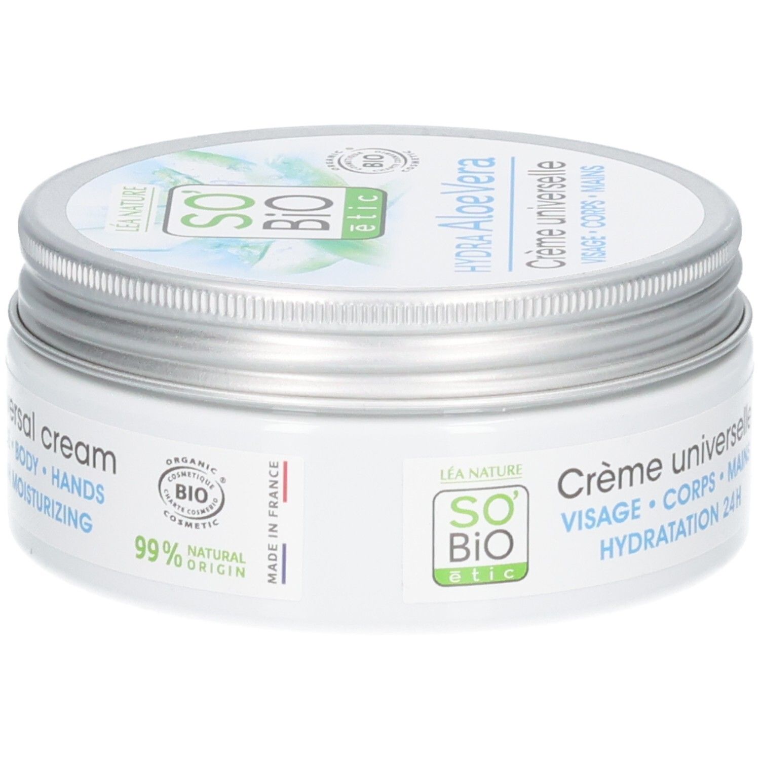 Pot de crème blanc avec couvercle argenté. Inscription: Hydra Aloe Vera, Crème universelle, Visage, Corps, Mains. Bio, 99% naturel.