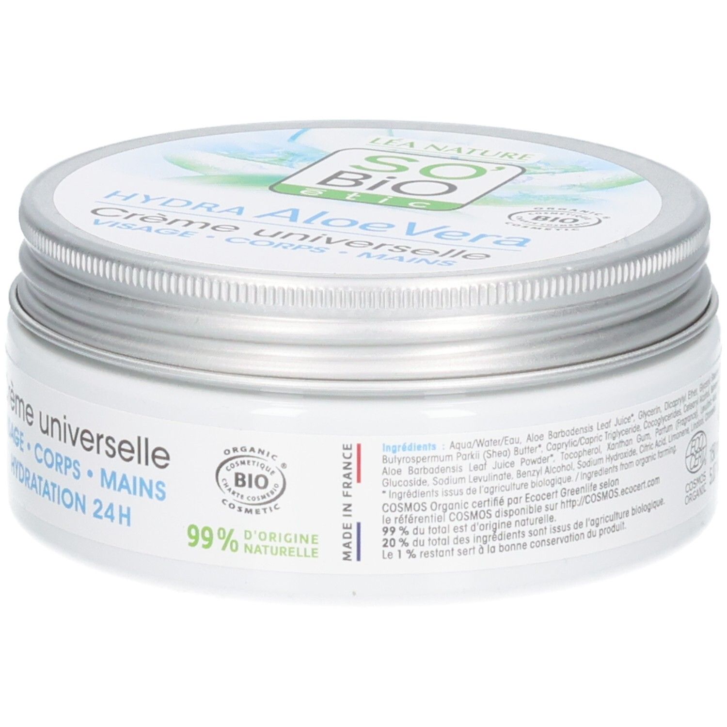 Pot de crème blanc avec couvercle argenté. Inscription: Hydra Aloe Vera, Crème universelle, Visage, Corps, Mains. Bio, 99% naturel.