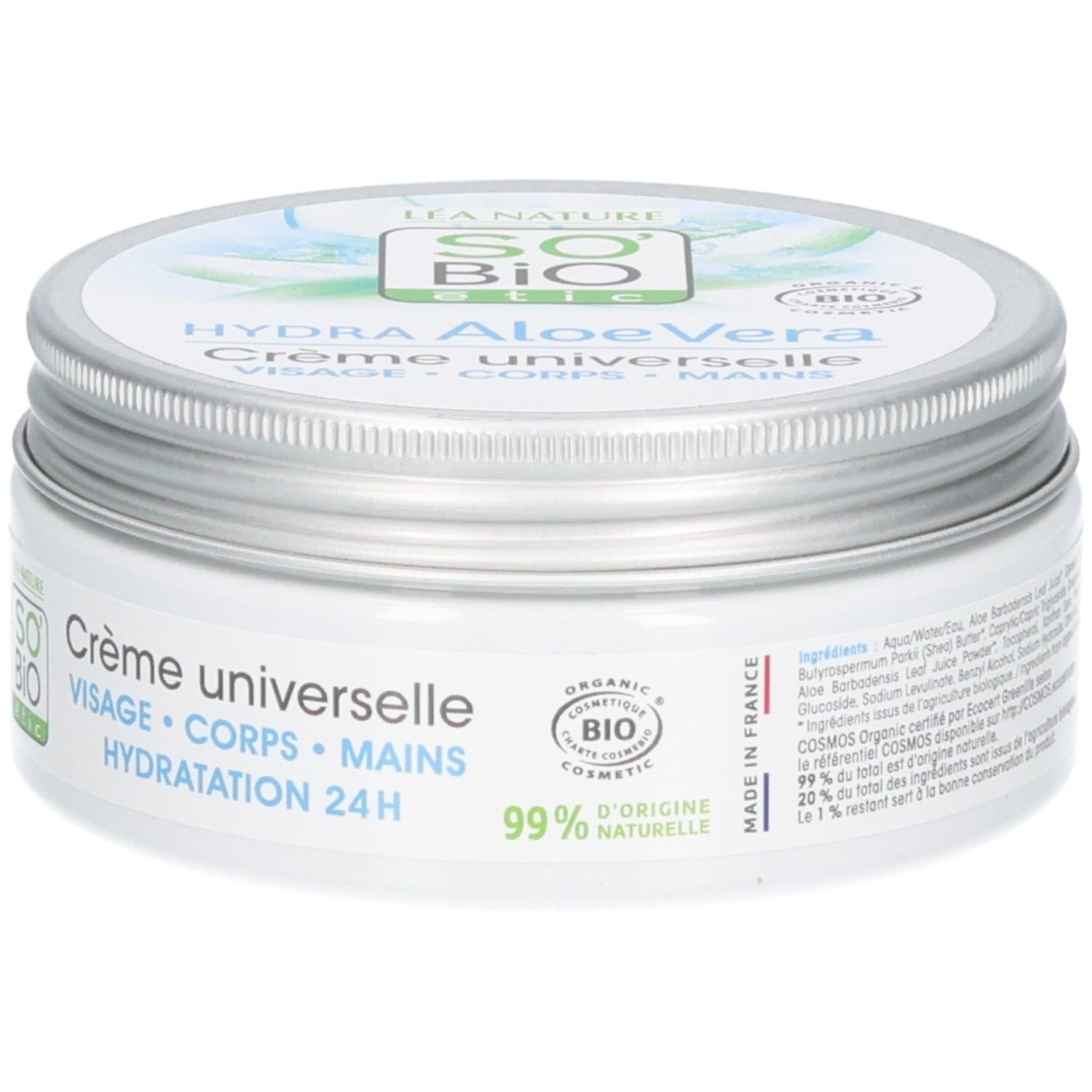 Pot de crème blanc avec couvercle argenté. Inscription: Hydra Aloe Vera, Crème universelle, Visage, Corps, Mains. Bio, 99% naturel.