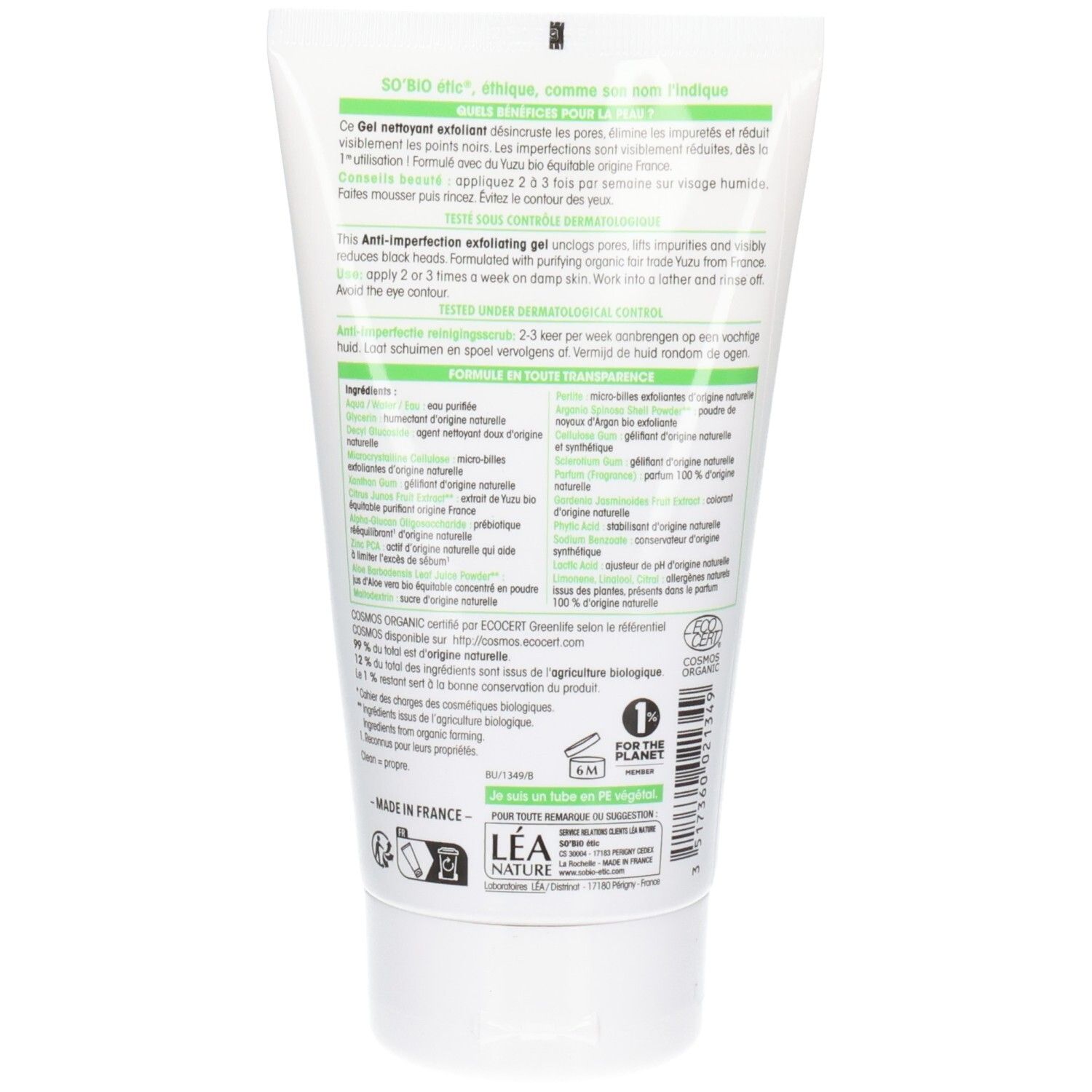 Dos du tube. Texte multilingue. Ingrédients et certification bio. Fond vert.