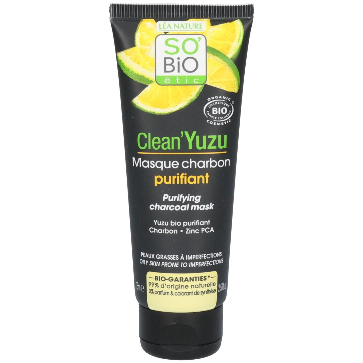 Tube noir avec des tranches de yuzu jaunes et texte. Logo "So Bio étic" et "Clean'Yuzu Masque charbon purifiant" visibles.