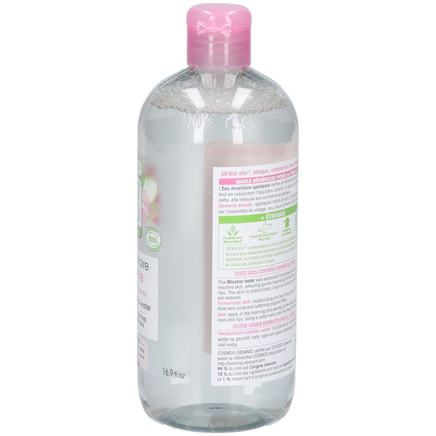 Dos du flacon. Étiquette avec texte et logos. Nom et logo du produit partiellement visibles.