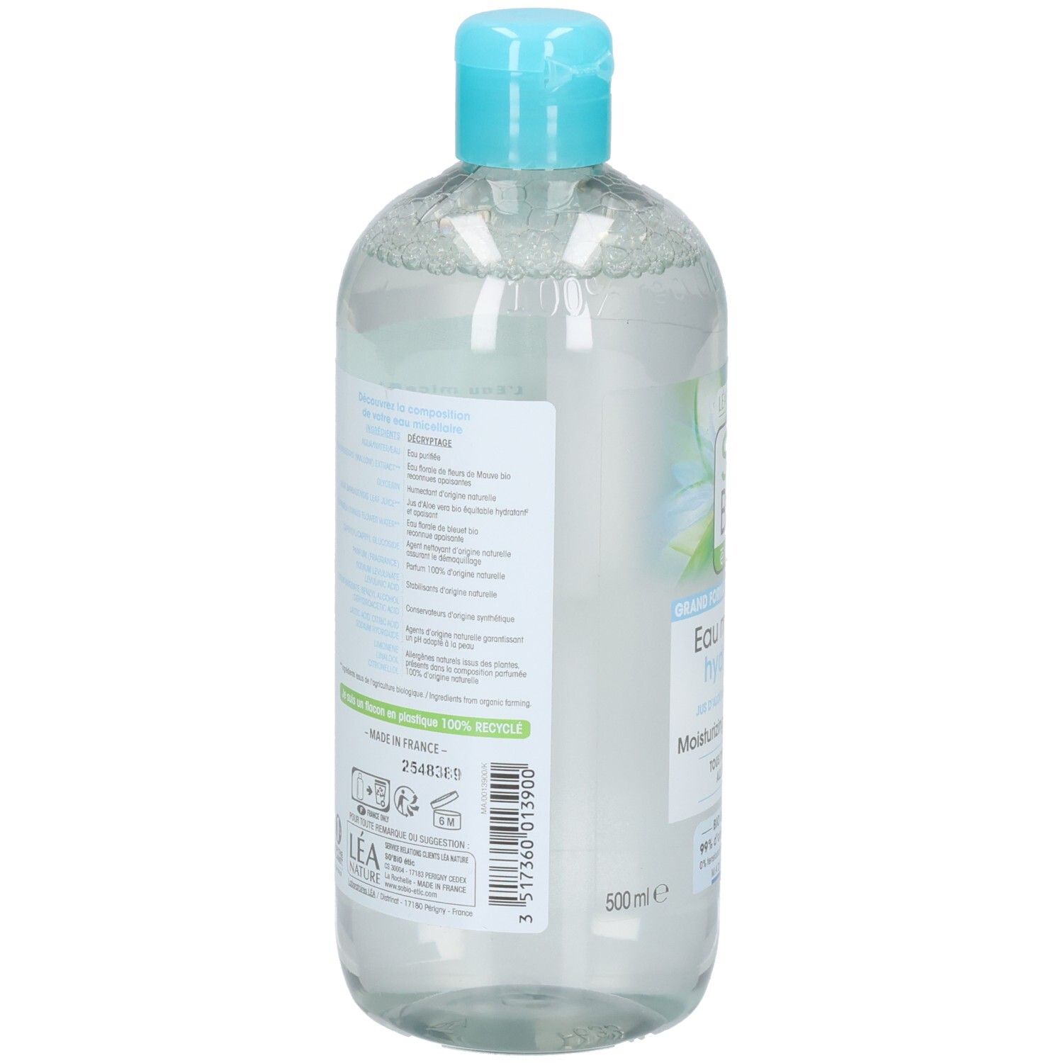 Dos du flacon. Texte multilingue. Informations sur les ingrédients et le fabricant.