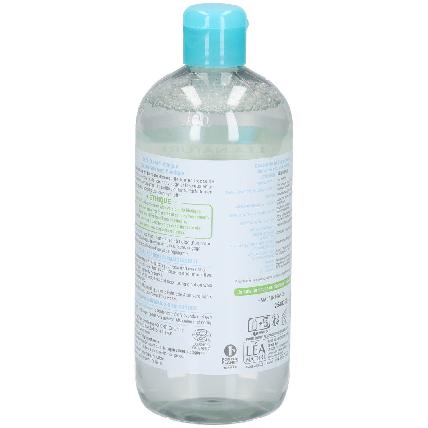 Dos du flacon. Texte multilingue. Informations sur les ingrédients et le fabricant.