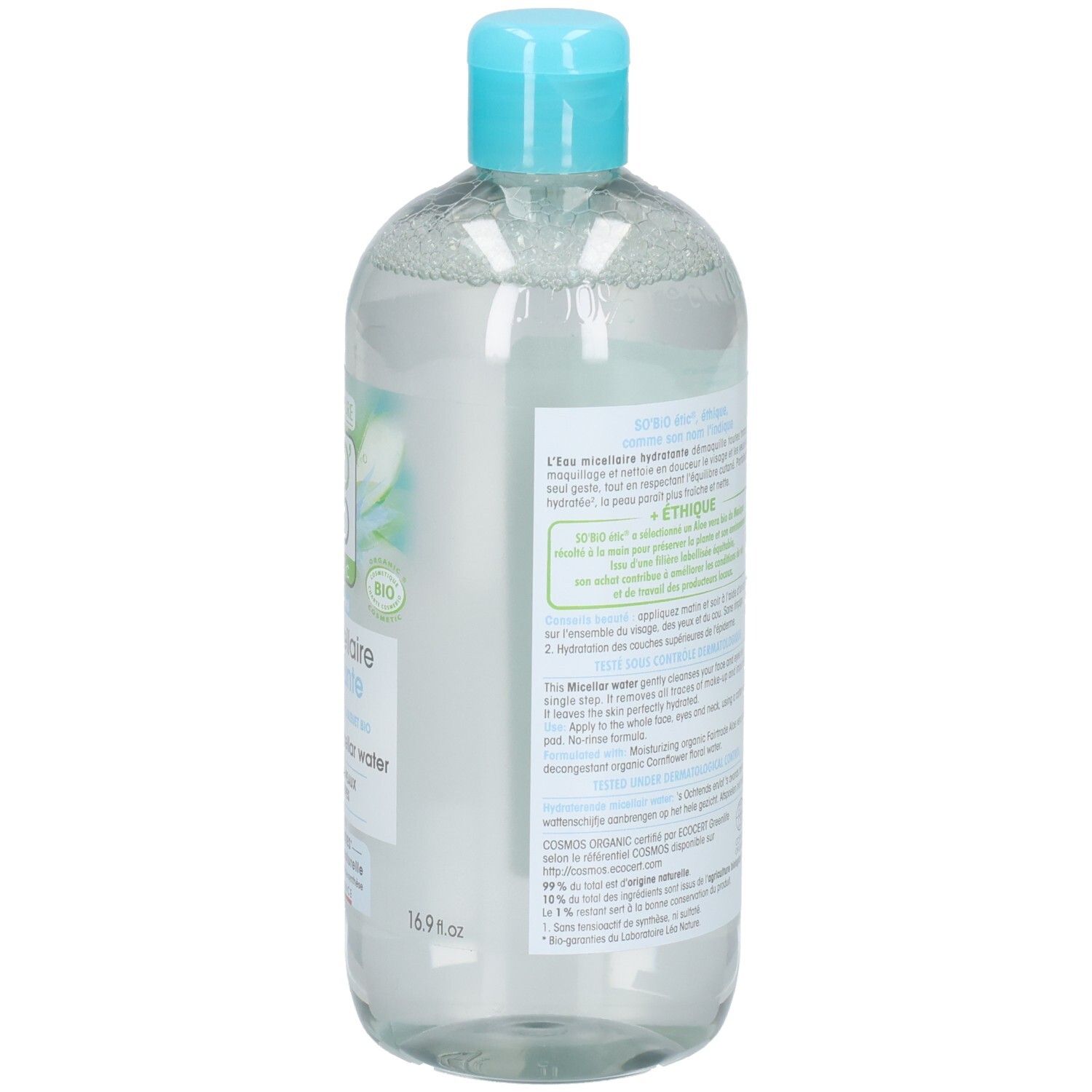 Dos du flacon. Texte multilingue. Informations sur les ingrédients et le fabricant.