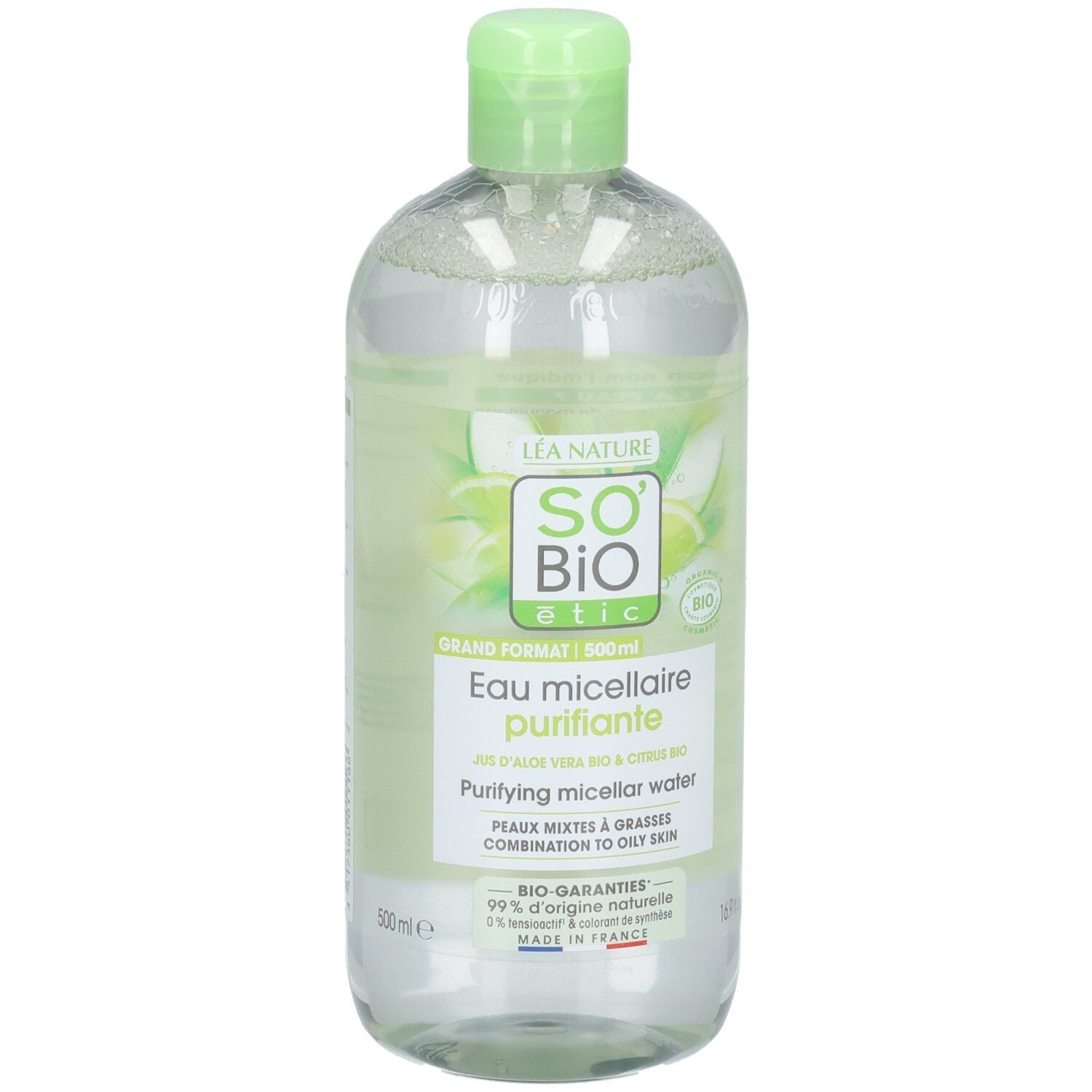 Flacon transparent avec bouchon vert. Étiquette avec nom et logo du produit. Contient de l'aloe vera, pour peaux mixtes.