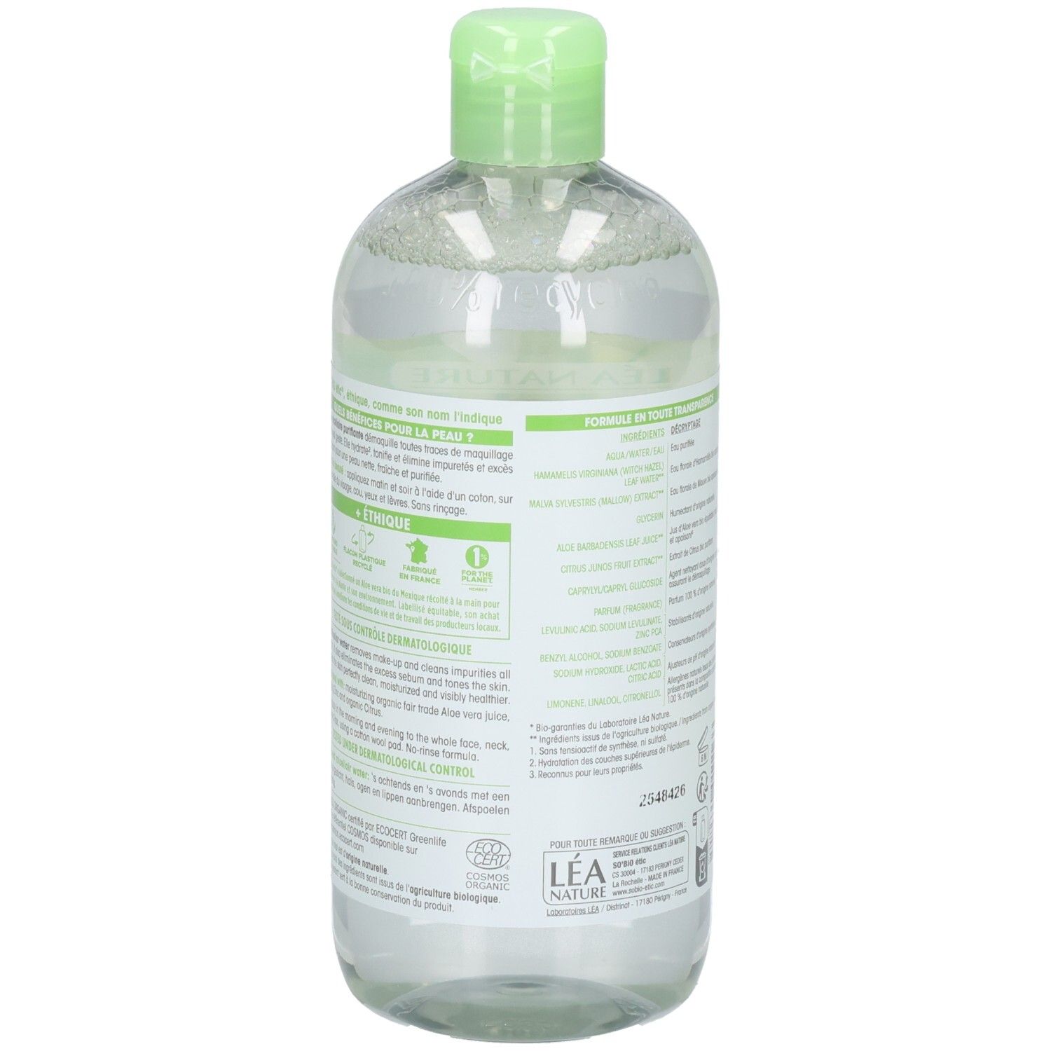 Vue arrière du flacon. Étiquette avec ingrédients et informations. Certification bio et texte vert.