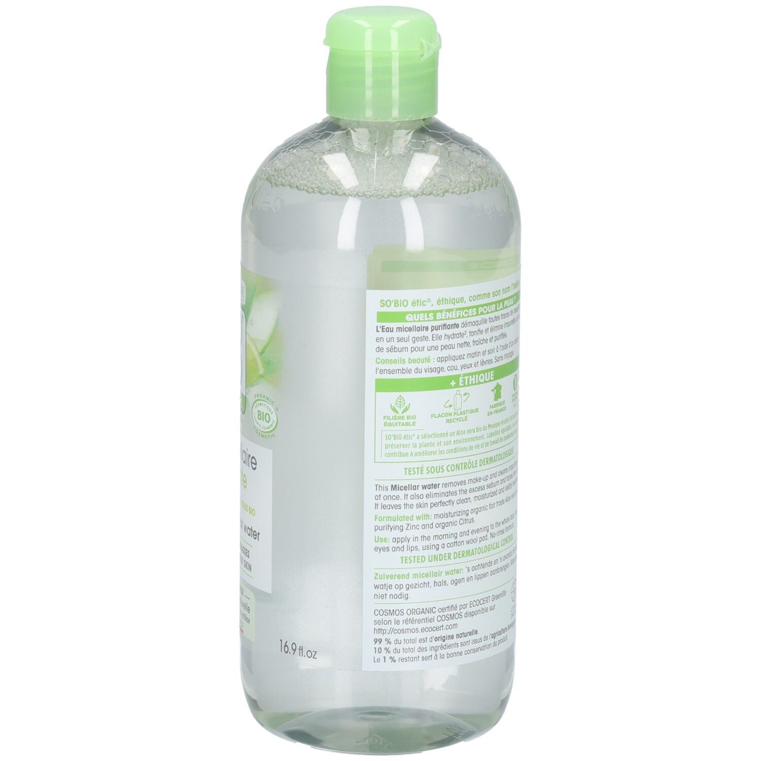 Vue arrière du flacon. Étiquette avec ingrédients et informations. Certification bio et texte vert.