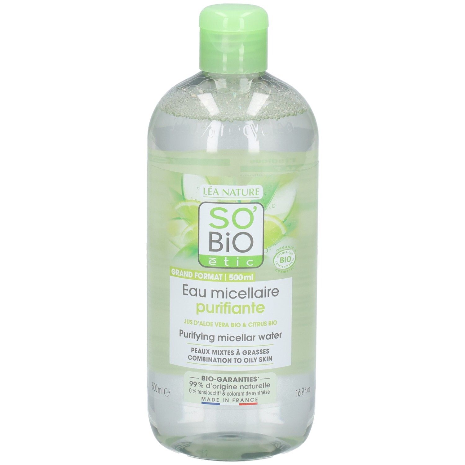 Flacon transparent avec bouchon vert. Étiquette avec nom et logo du produit. Contient de l'aloe vera, pour peaux mixtes.