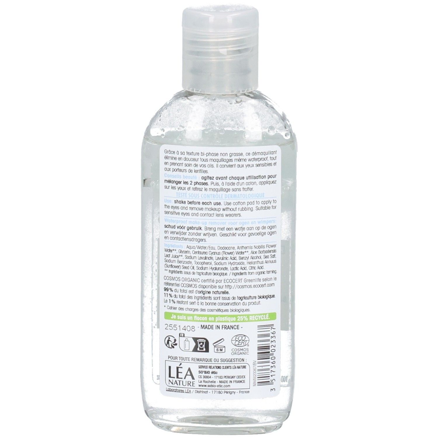 Dos du flacon. Étiquette avec texte, ingrédients et certification bio. Fabriqué en France.