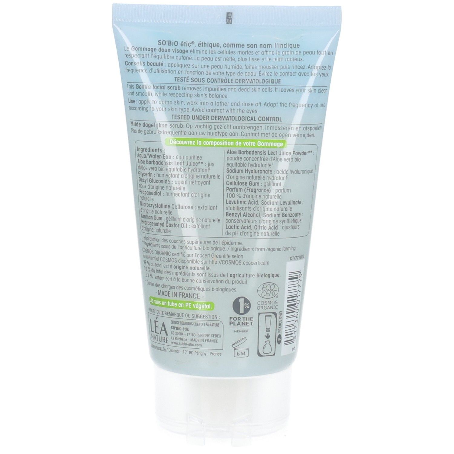 Dos du tube 'So' Bio étic Gommage doux visage'. Ingrédients et certifications. Fond bleu clair.