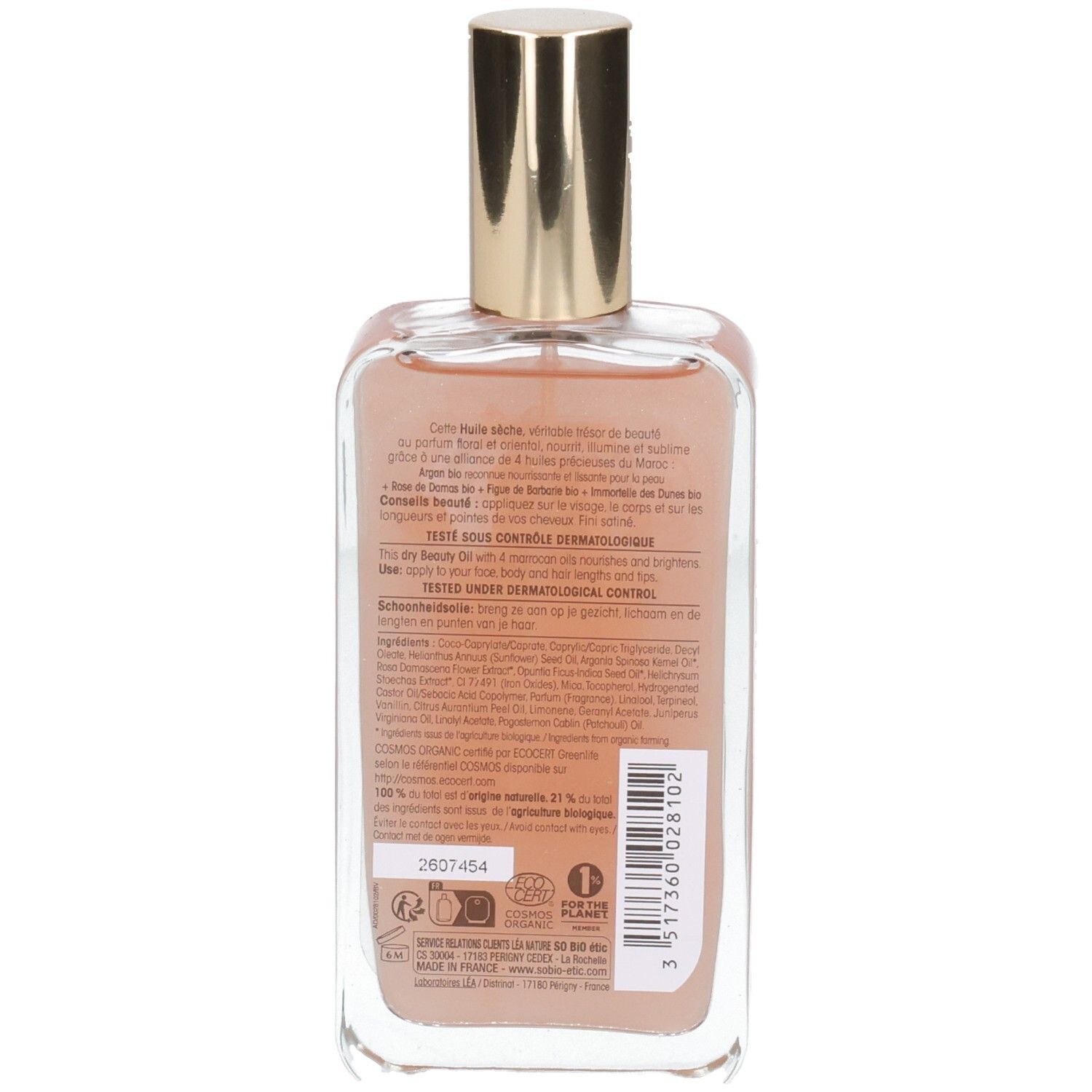 Vue arrière du flacon. Étiquette avec texte et ingrédients. Certifications bio et code-barres.