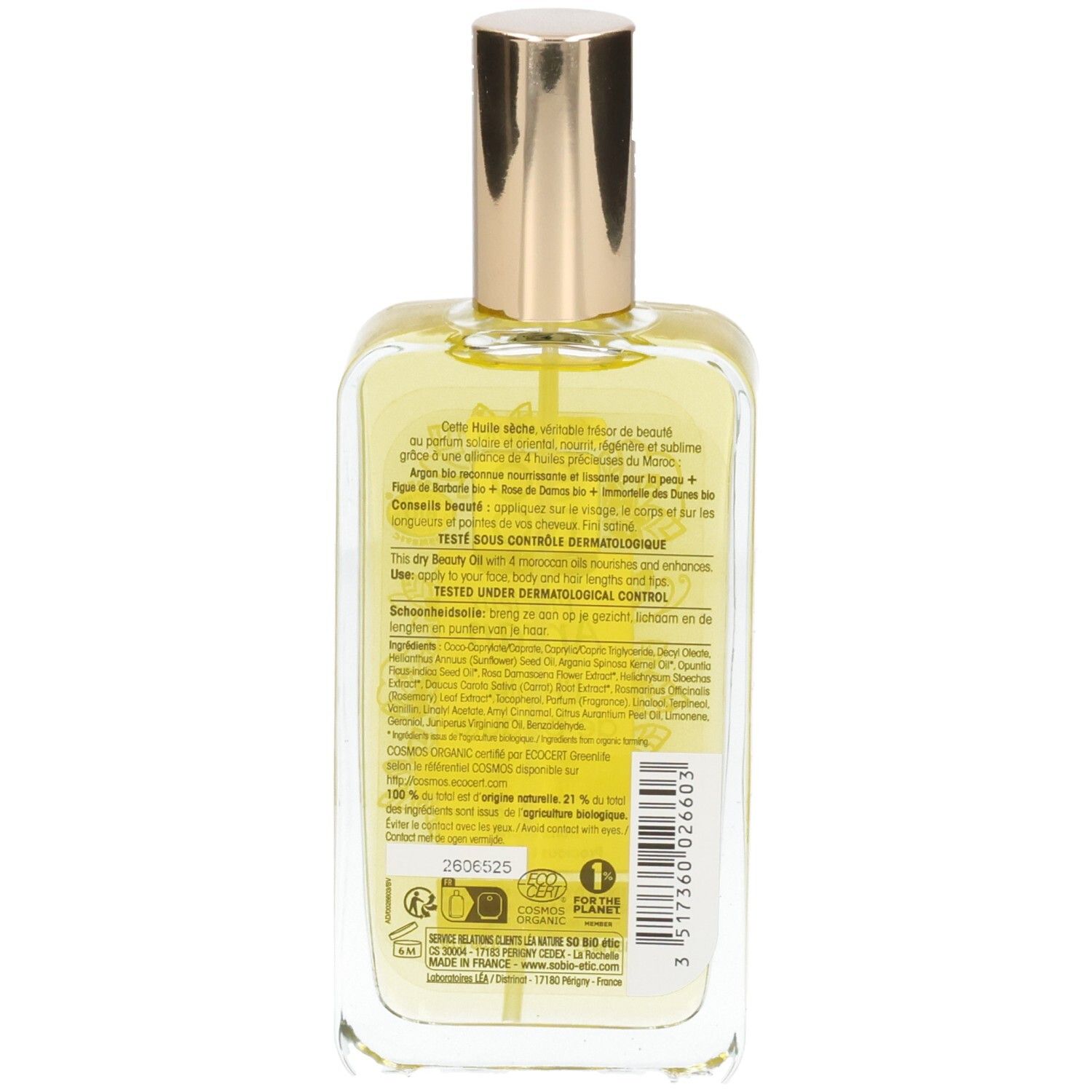 Dos du flacon en verre avec étiquette. Texte multilingue. Certification bio et labels de qualité.