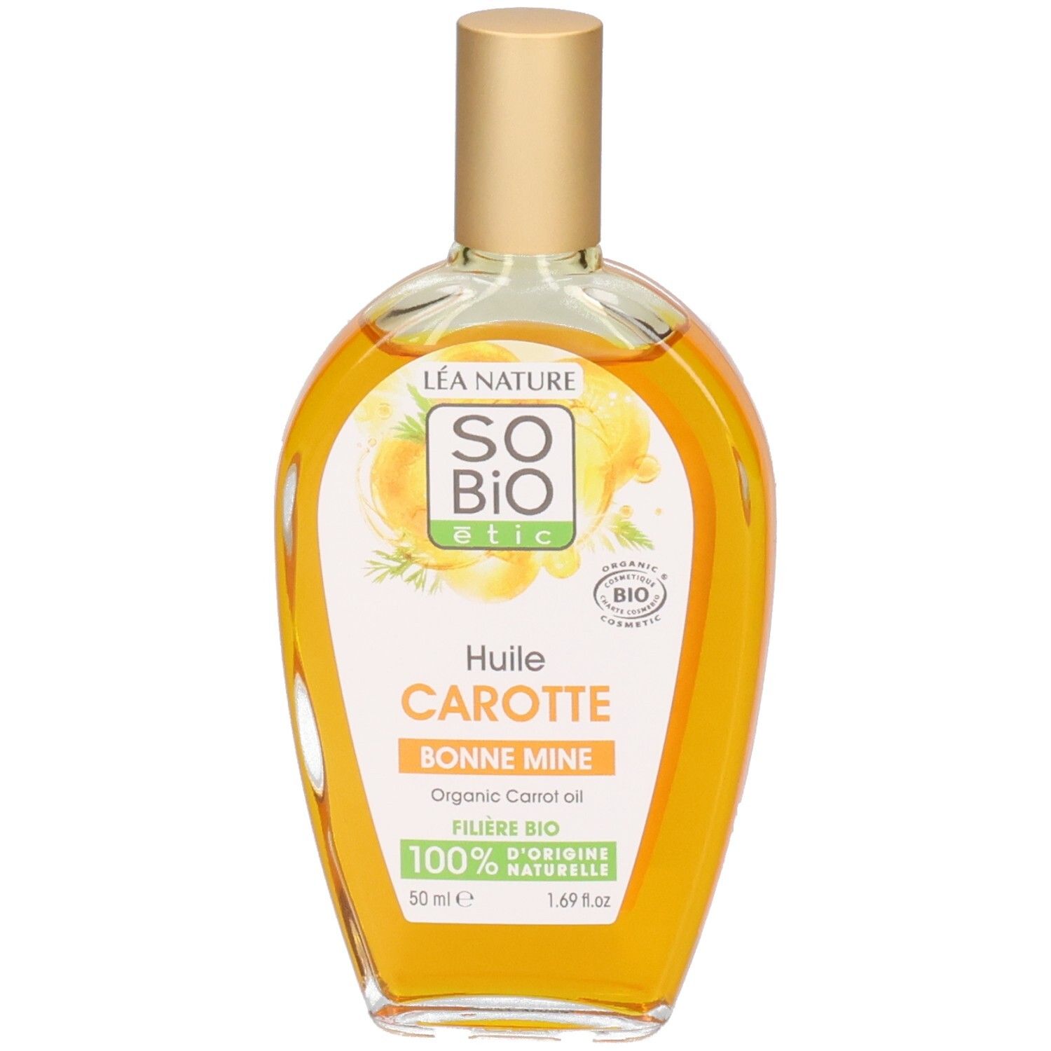 Flacon en verre avec bouchon doré. Étiquette avec nom du produit et certification bio. Liquide orangé.