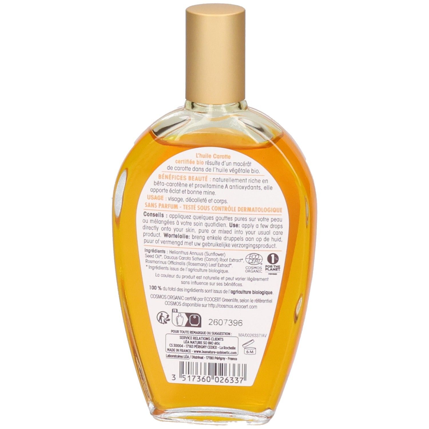 Dos du flacon en verre avec bouchon doré. Étiquette avec texte et certification bio. Liquide orangé.