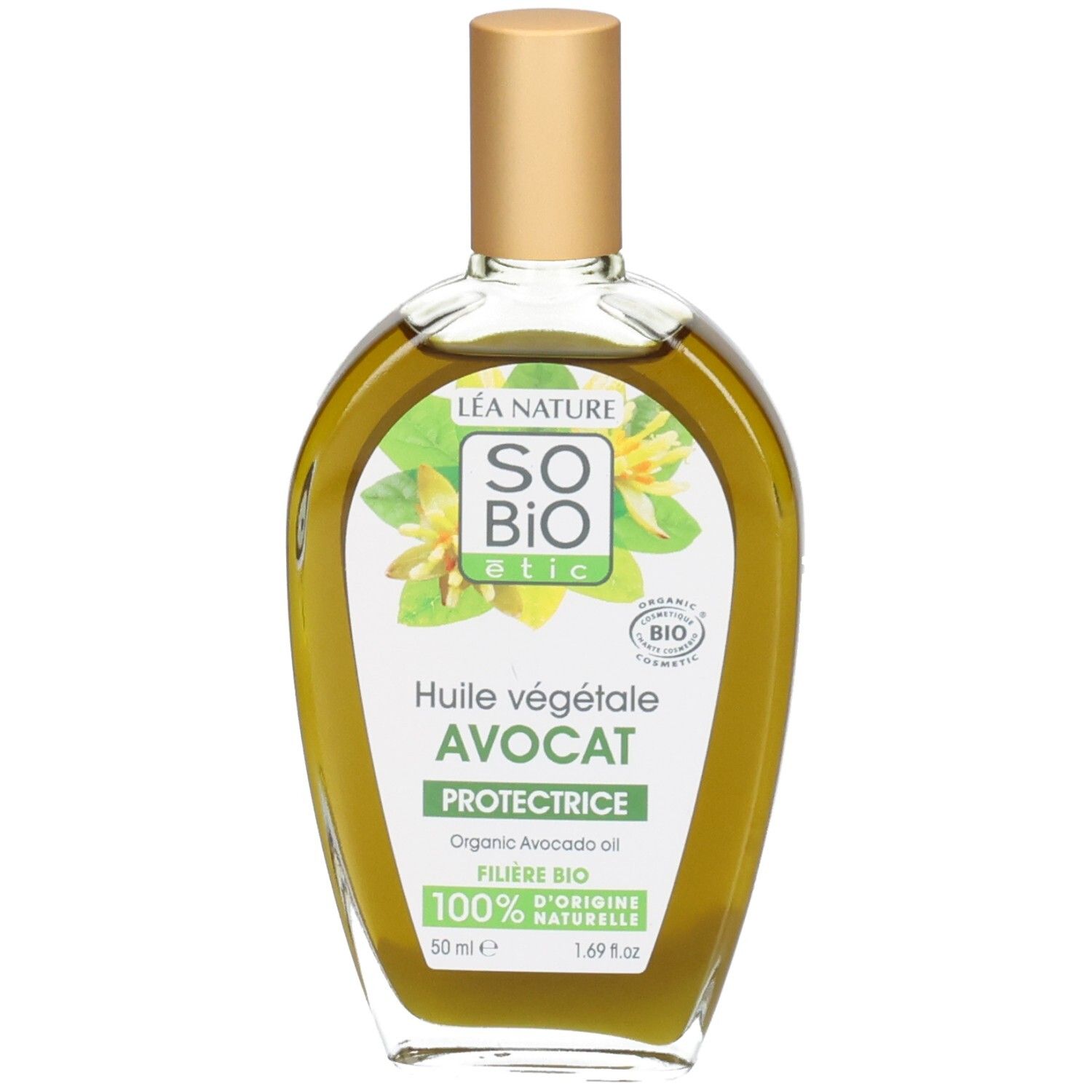 Flacon en verre avec bouchon doré. Étiquette avec nom du produit et label bio. Liquide de couleur jaune.