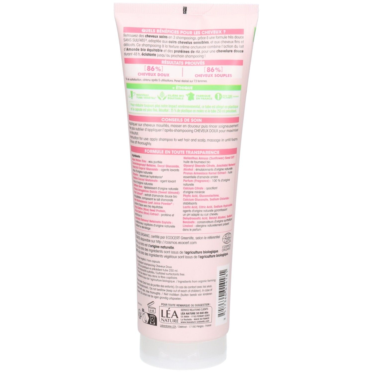 Dos du tube rose. Texte multilingue. Ingrédients et certification bio.