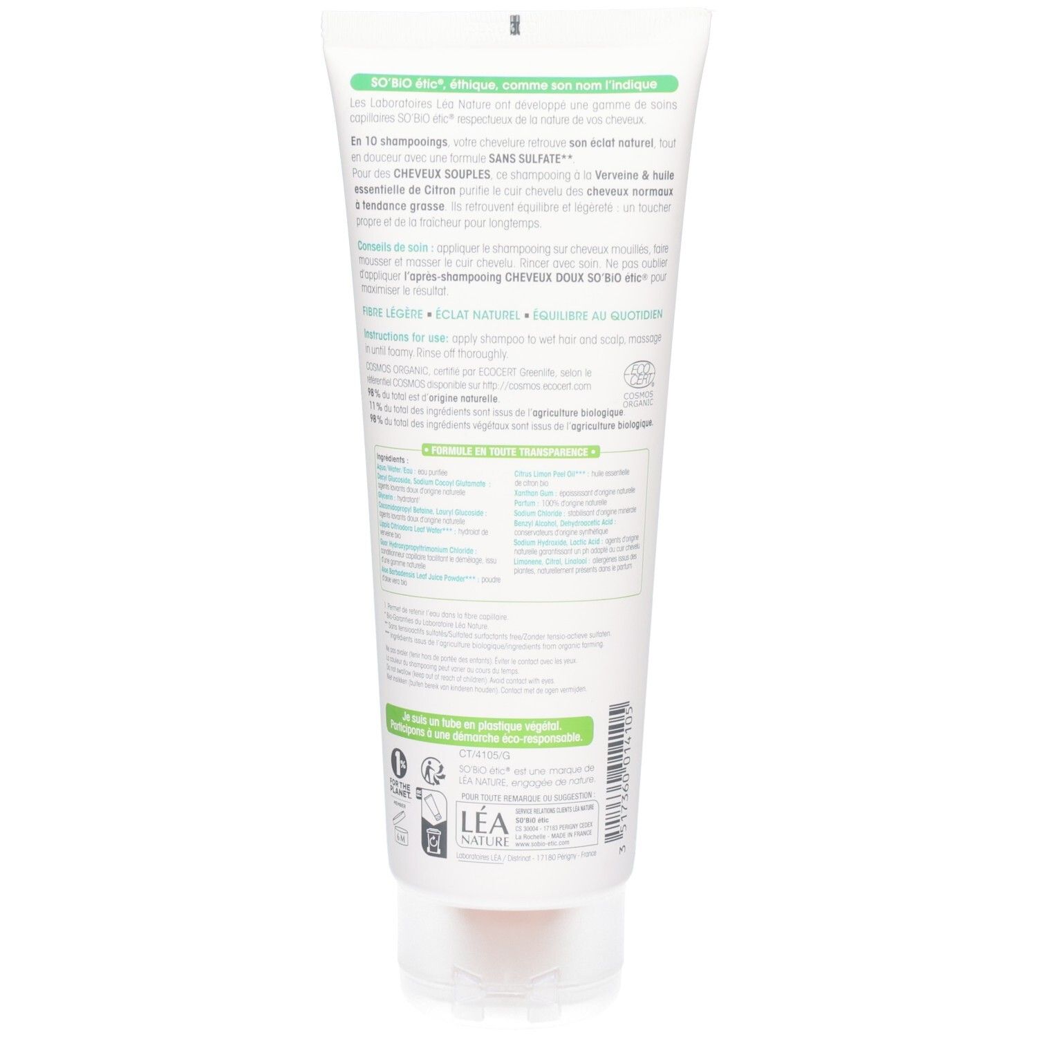 Dos du tube de Shampooing cheveux purifiés. Ingrédients et instructions. Certifié bio.