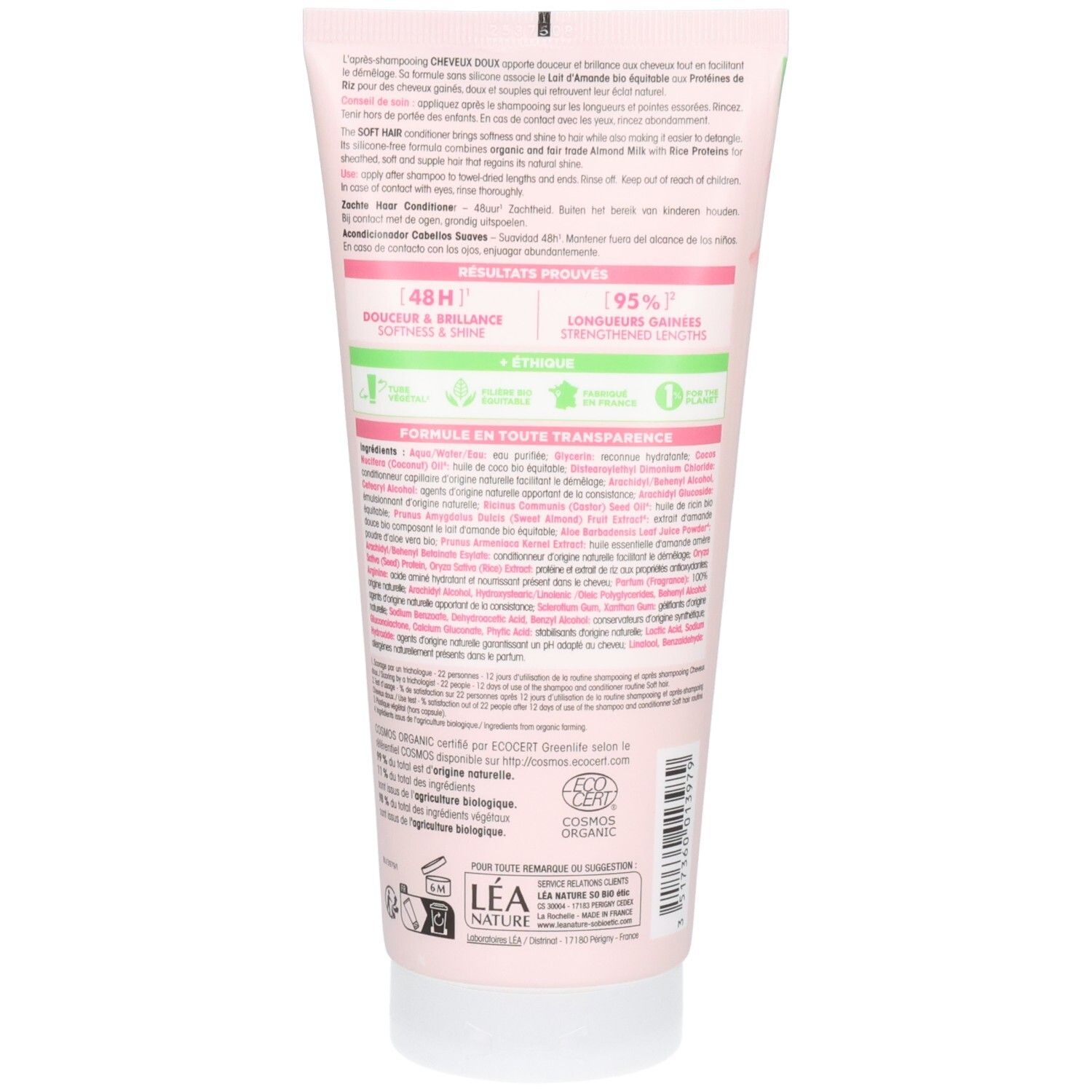 Dos du tube rose. Texte en français. Certification bio. Ingrédients et autres informations.