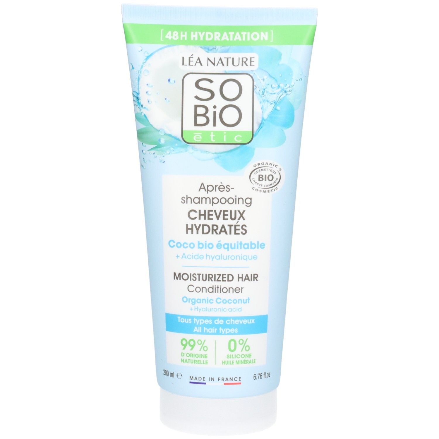 Tube bleu clair. Inscription: So Bio Etic, Après-shampooing Cheveux Hydratés, Coco bio équitable, Acide hyaluronique. Label bio.