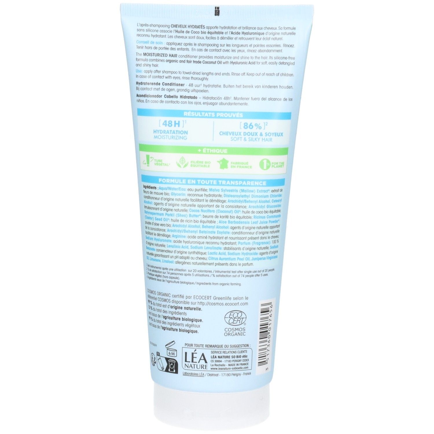 Dos d'un tube bleu clair. Extraits de texte multilingues. Label bio et autres informations.