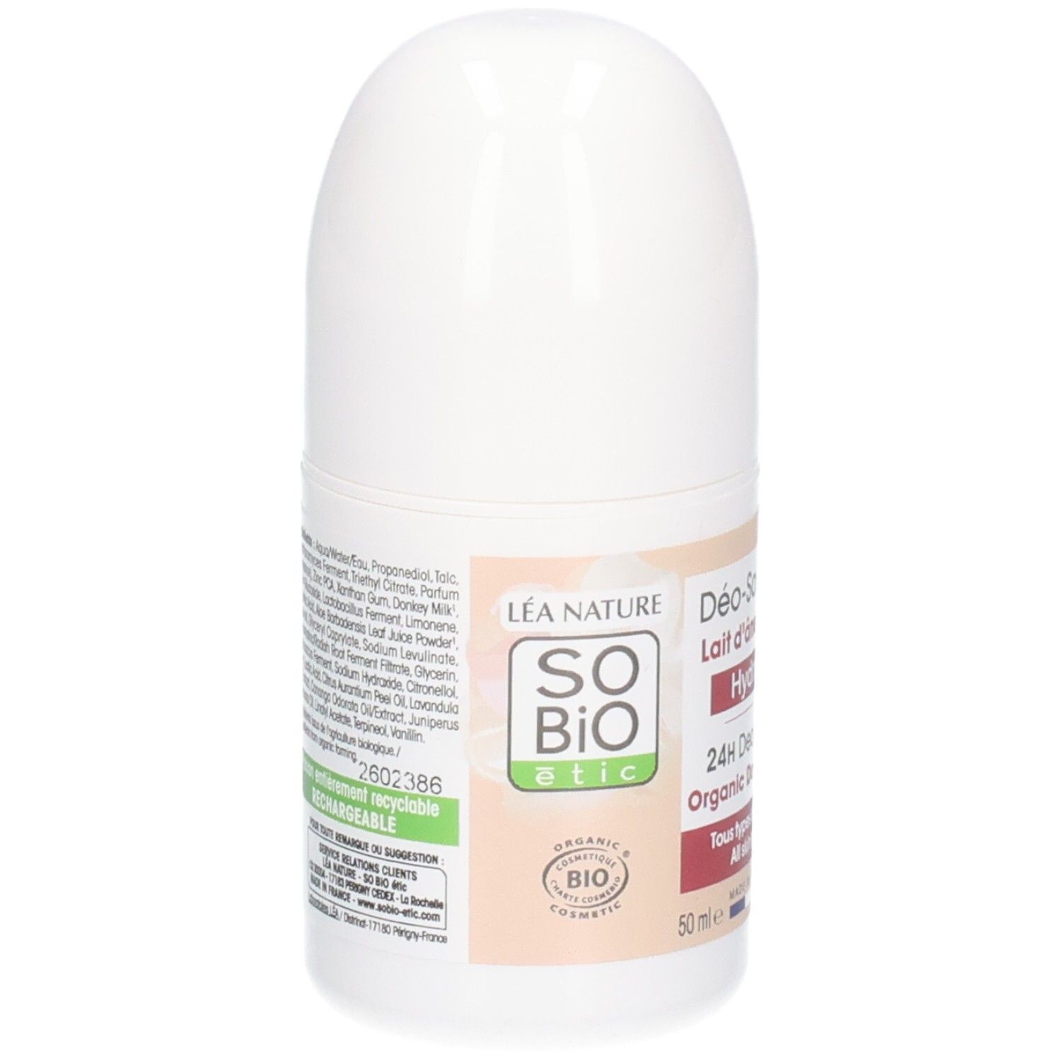Déodorant roll-on blanc. Inscriptions: So Bio Etic, 24H Déodorant, Lait d'Ânesse Bio. Certification bio.