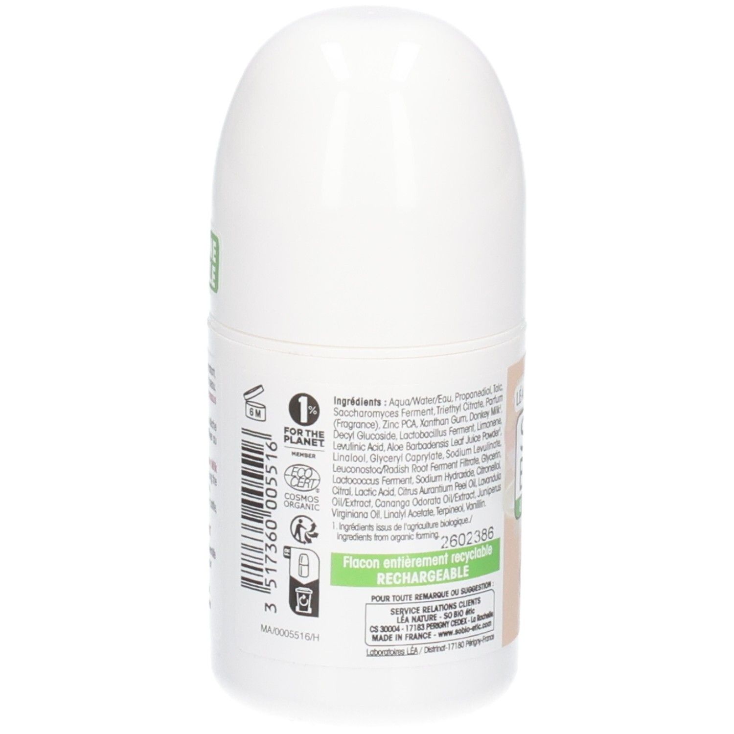 Dos du déodorant roll-on. Liste des ingrédients. Inscription: Flacon entièrement recyclable. 1% pour la planète.