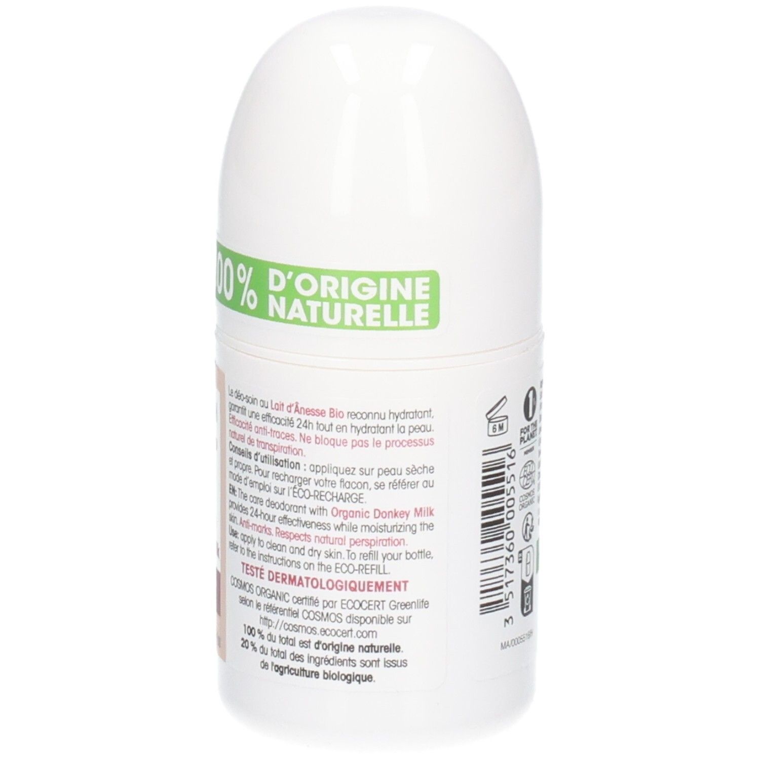Dos du déodorant roll-on. Inscription: 100% d'origine naturelle. Texte sur l'utilisation et les ingrédients.