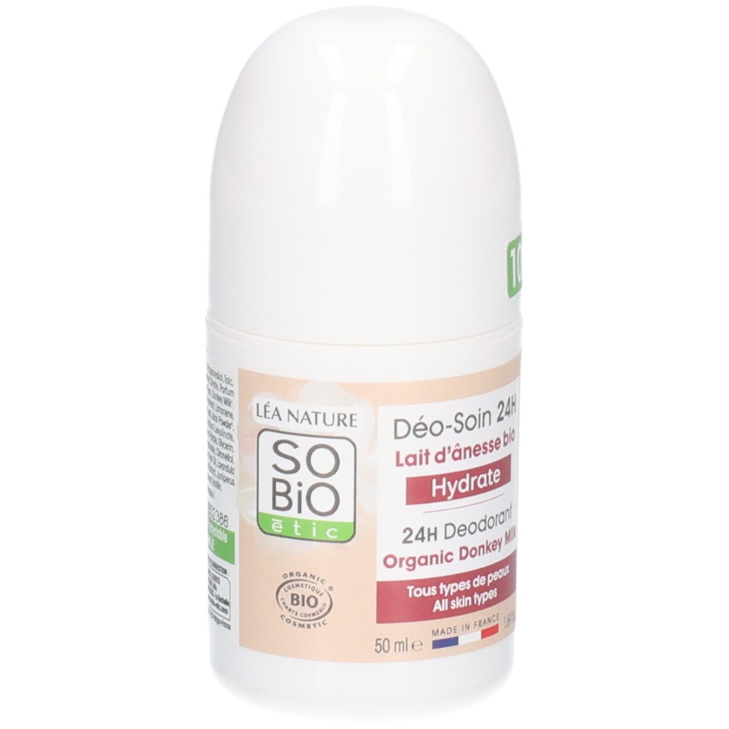 Déodorant roll-on blanc. Inscriptions: So Bio Etic, 24H Déodorant, Lait d'Ânesse Bio, Hydrate. Tous types de peaux.