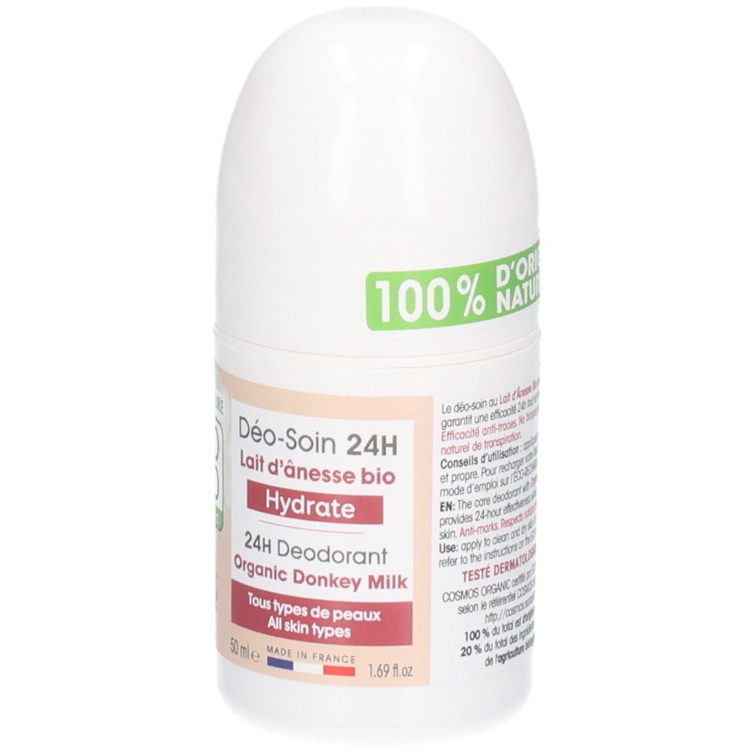 Déodorant roll-on blanc. Inscriptions: 100% d'origine naturelle. 24H Déodorant, Lait d'Ânesse Bio, Hydrate.