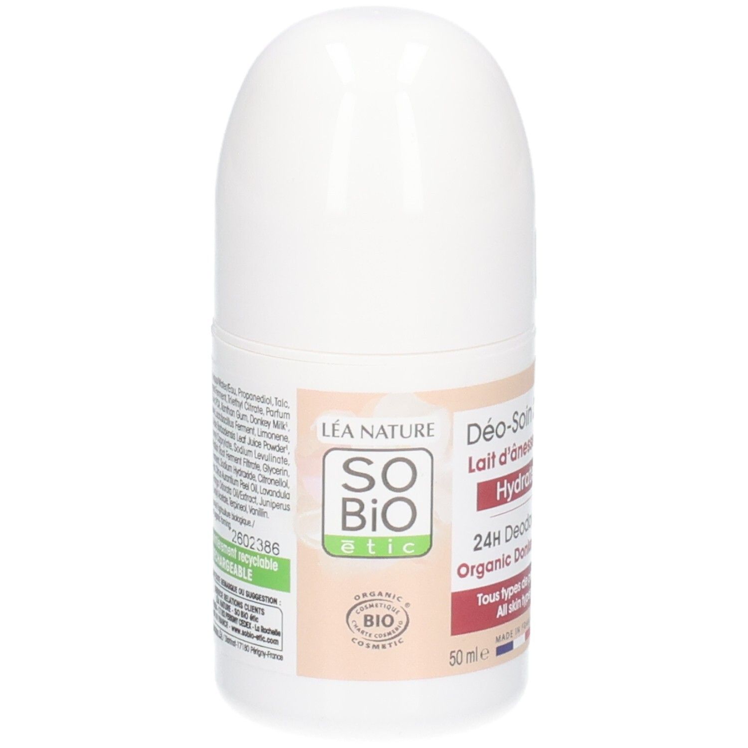 Déodorant roll-on blanc. Inscriptions: So Bio Etic, 24H Déodorant, Lait d'Ânesse Bio. Certification bio.