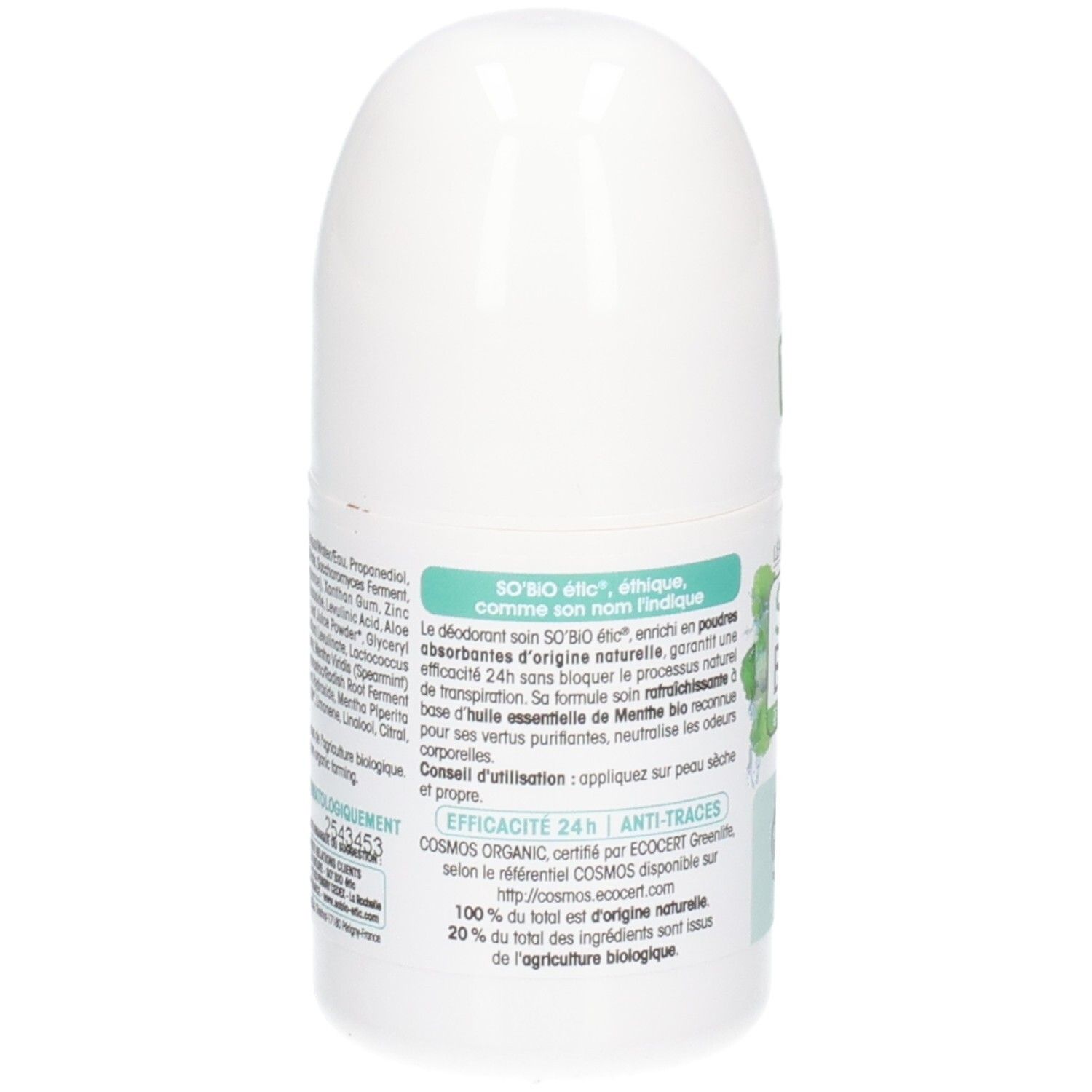 Dos du roll-on blanc. Texte: So Bio Etic, Efficacité 24h, certifié COSMOS ORGANIC. Ingrédients et certification bio.