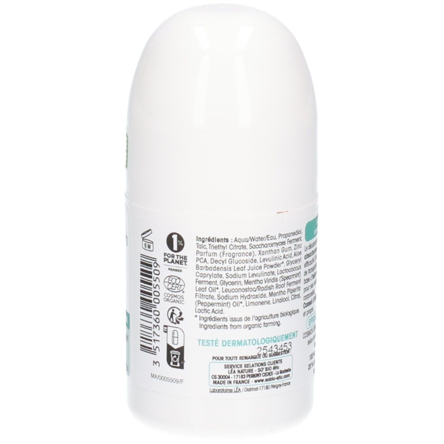 Dos du roll-on blanc. Ingrédients et certifications. Texte: Testé dermatologiquement. Fabriqué en France.