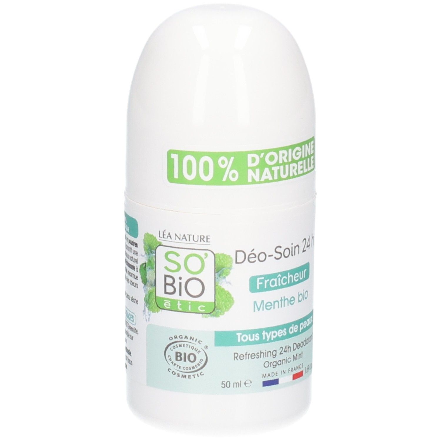 Roll-on blanc avec étiquette verte. Inscription: So Bio Etic, Menthe Bio, 100% d'origine naturelle. Certification bio.