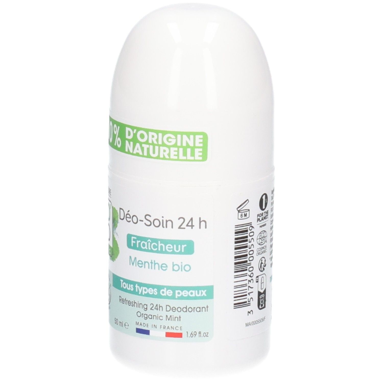 Roll-on blanc avec étiquette verte. Inscription: So Bio Etic, Menthe Bio, 100% d'origine naturelle. Volume: 1.69 fl oz.