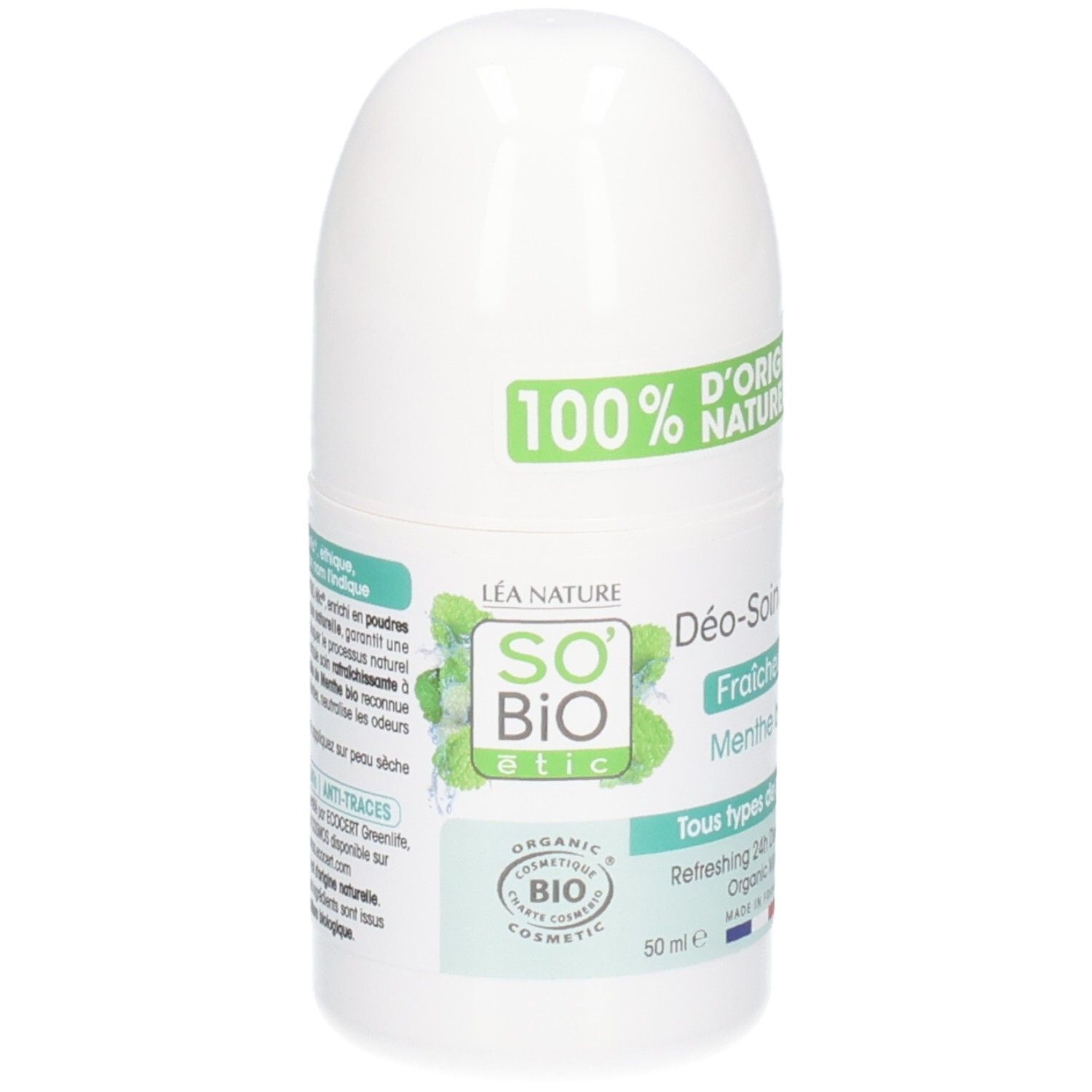 Roll-on blanc avec étiquette verte. Inscription: So Bio Etic, Menthe Bio, 100% d'origine naturelle. Certification bio.