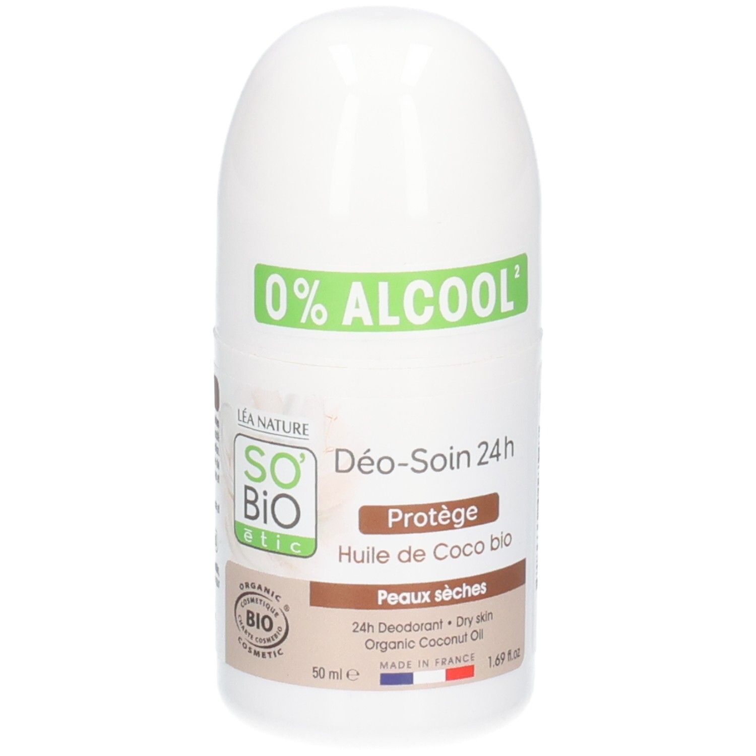 Roll-on blanc So Bio Etic. Inscription: 0% ALCOOL, Déo-Soin 24h, Huile de Coco bio, Peaux sèches. Certifié bio.