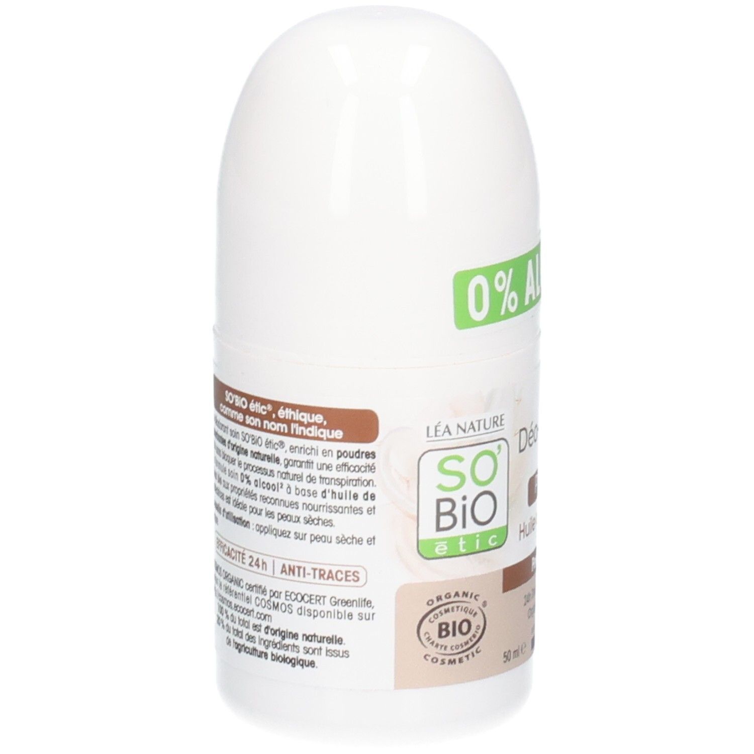 Dos du roll-on. Texte: So Bio Etic, Déo-Soin 24h, ingrédients, certification COSMOS, 24h anti-traces. Certifié bio.