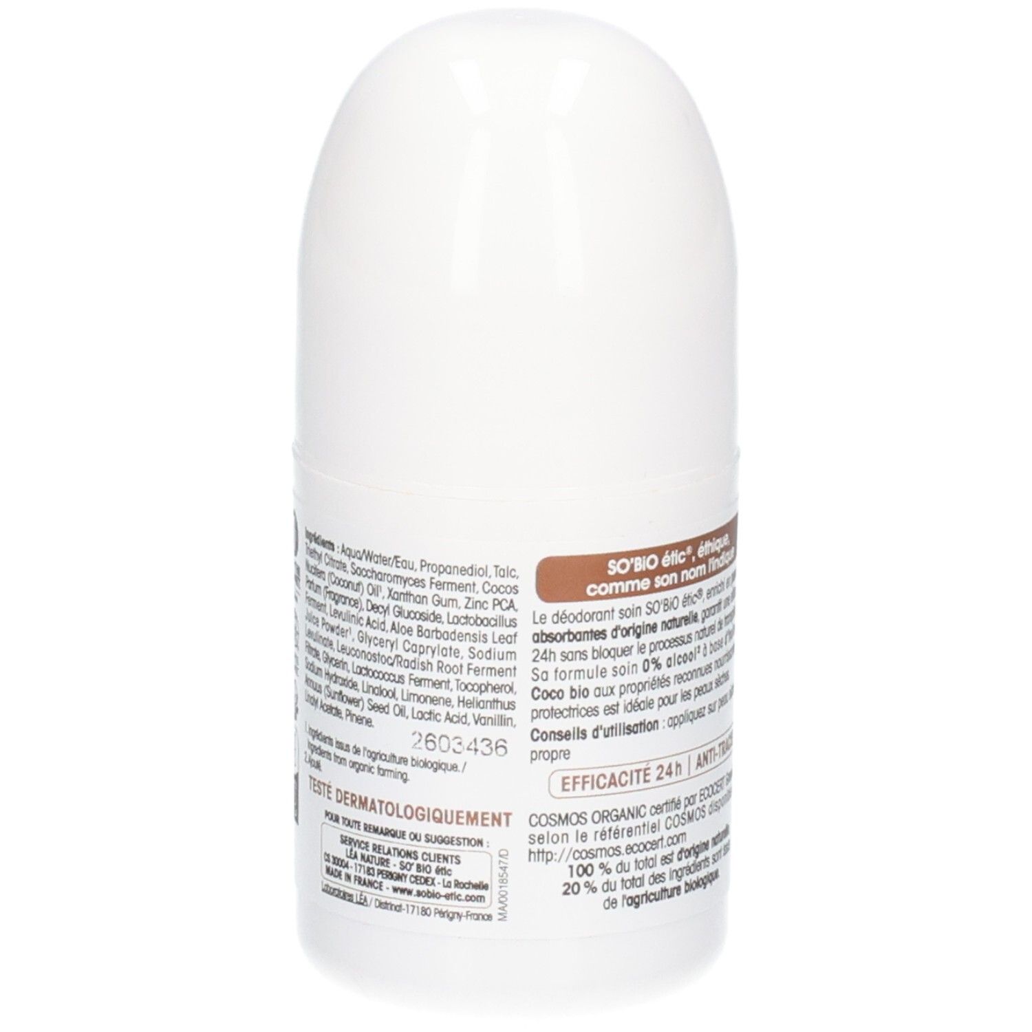 Dos du roll-on. Texte: ingrédients, So Bio Etic, Déo-Soin 24h, testé dermatologiquement, COSMOS Organic. Certifié bio.