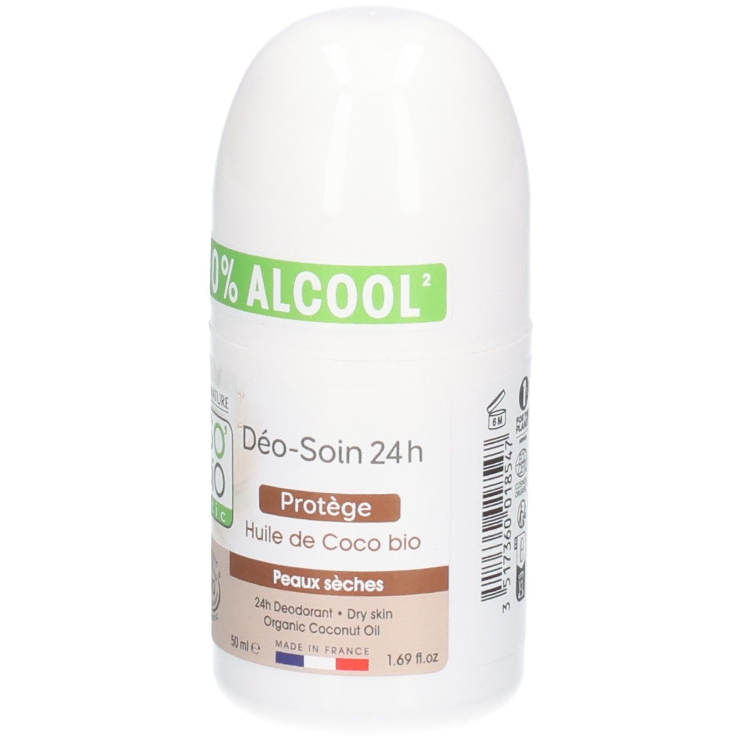 Roll-on blanc So Bio Etic. Inscription: 0% ALCOOL, Déo-Soin 24h, Huile de Coco bio, Peaux sèches. Certifié bio.