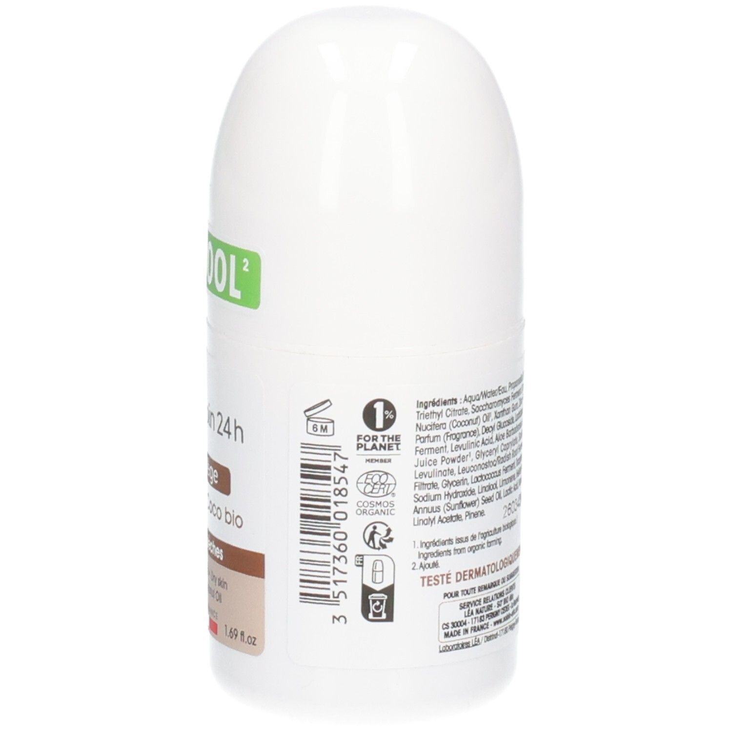 Dos du roll-on. Texte: ingrédients, So Bio Etic, Déo-Soin 24h, testé dermatologiquement, COSMOS Organic. Certifié bio.