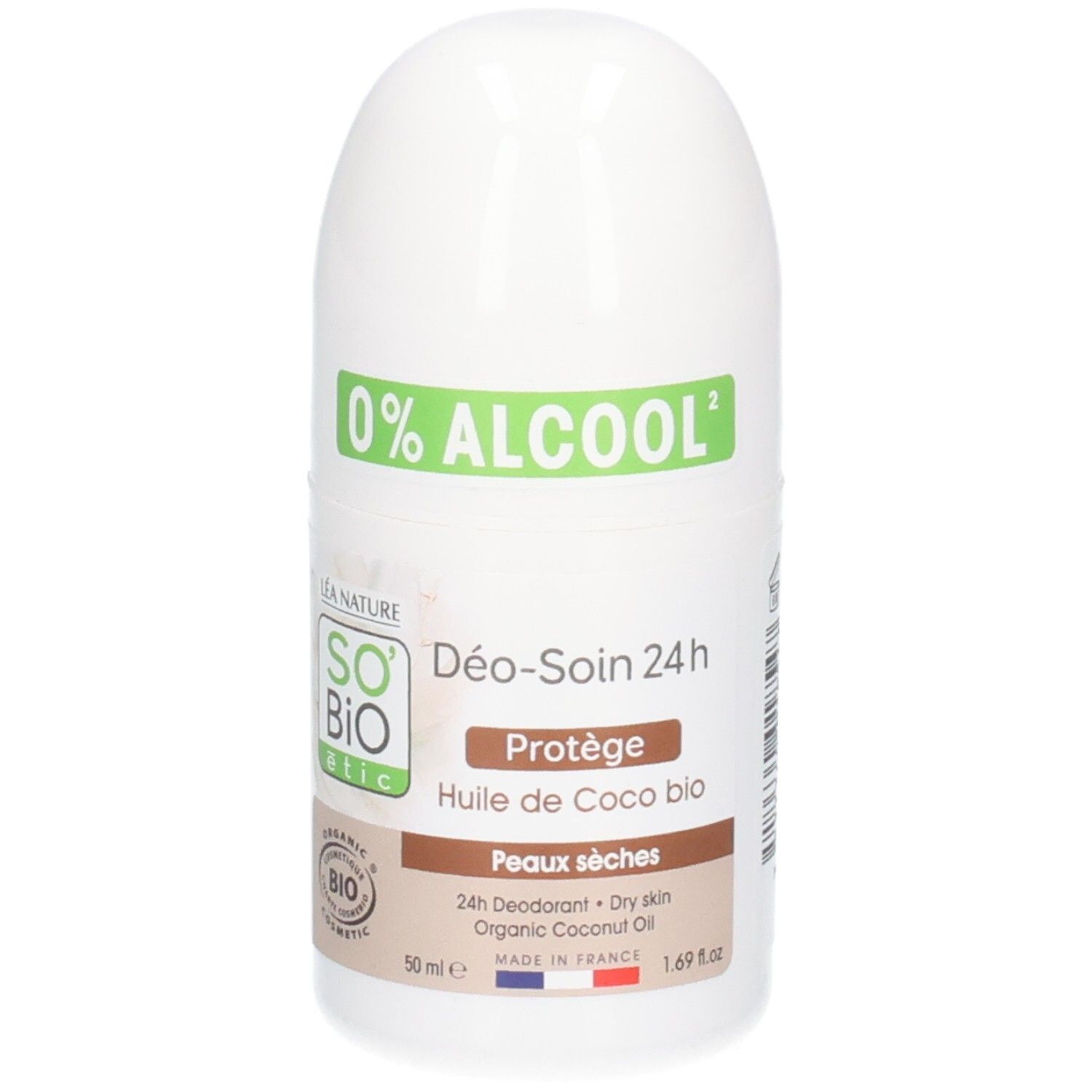 Roll-on blanc So Bio Etic. Inscription: 0% ALCOOL, Déo-Soin 24h, Huile de Coco bio, Peaux sèches. Certifié bio.