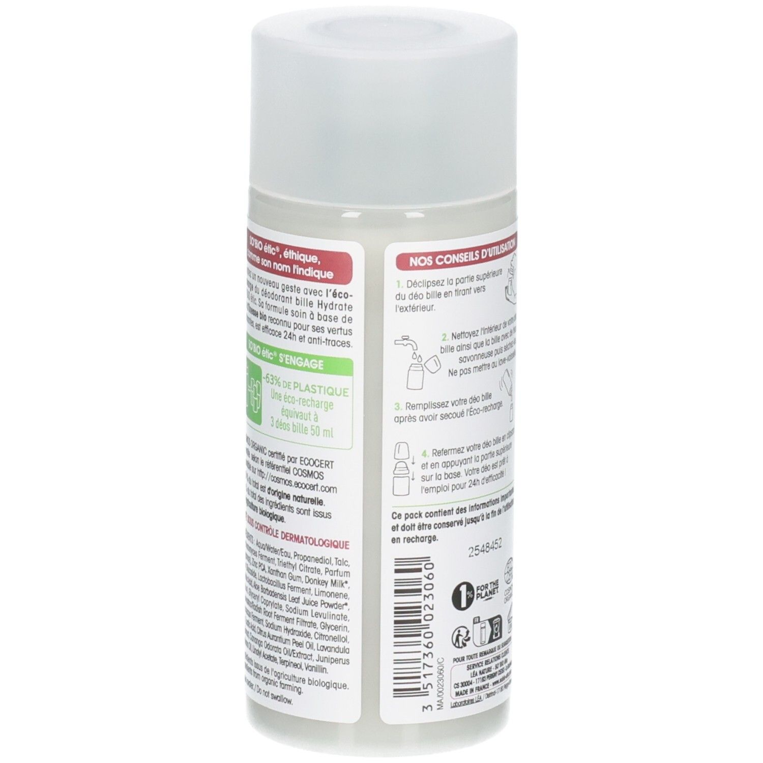 Dos du roll-on déodorant. Texte: ingrédients, informations recyclage, certification bio.