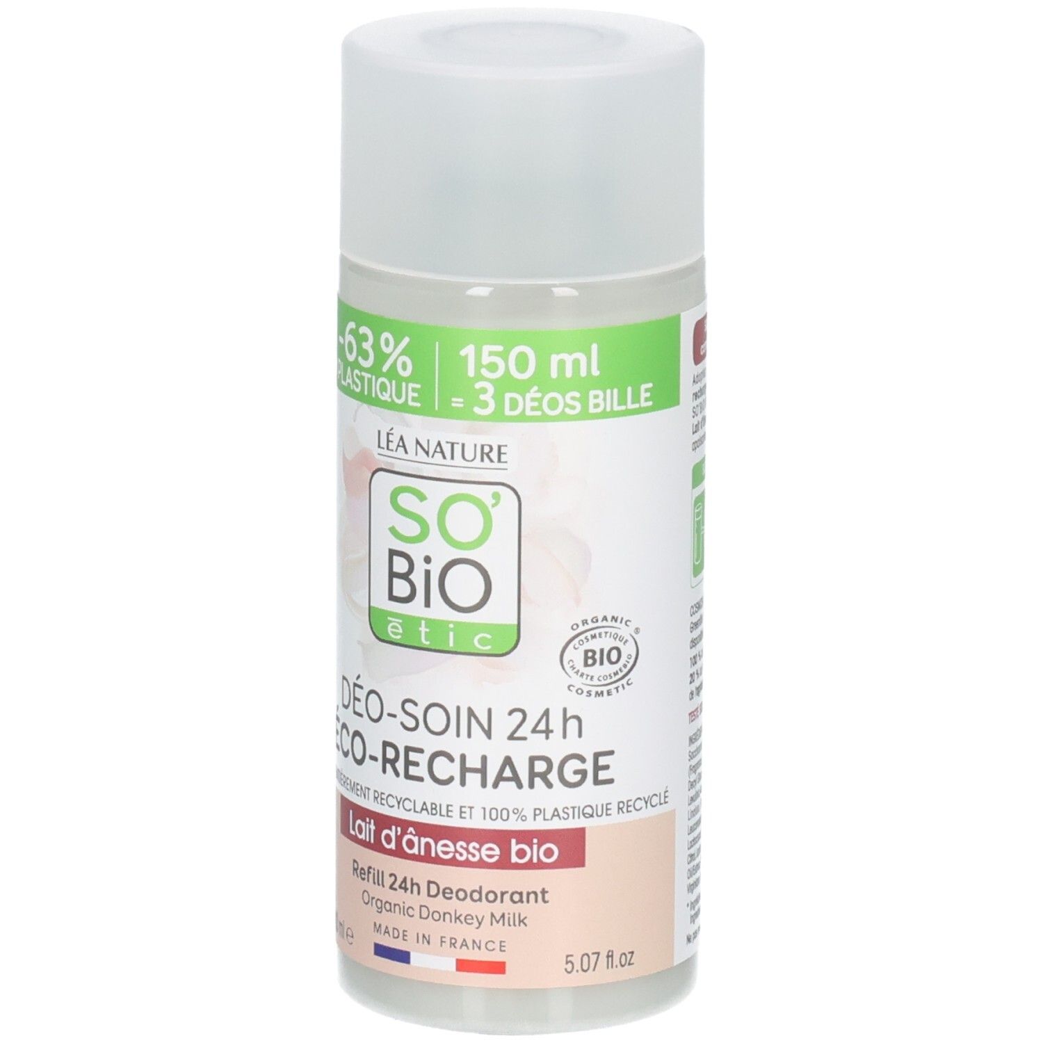 Roll-on déodorant avec bouchon blanc. Inscription: So Bio Etic, Déo-Soin 24h, Lait d'Ânesse bio. Certification bio.