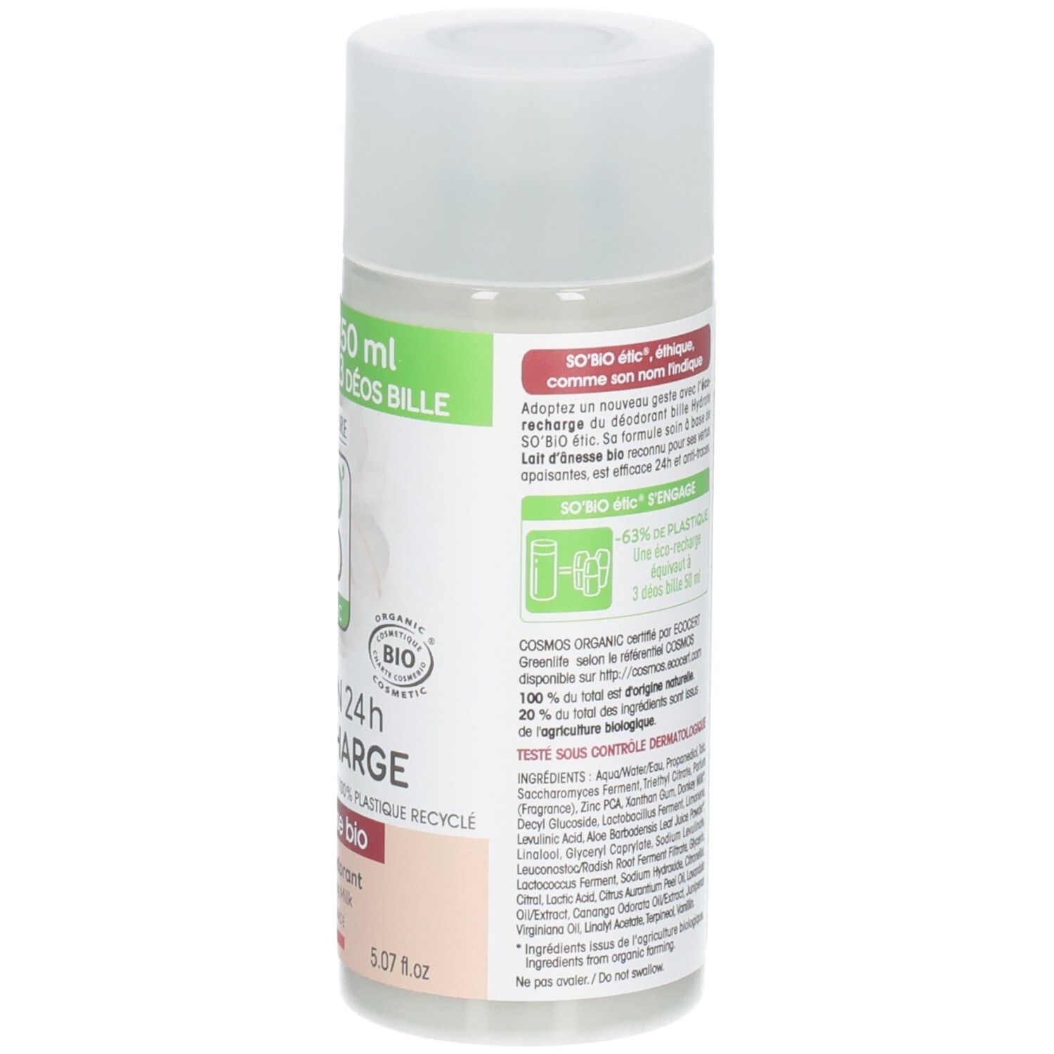 Dos du roll-on déodorant. Texte: ingrédients, informations recyclage, certification bio.